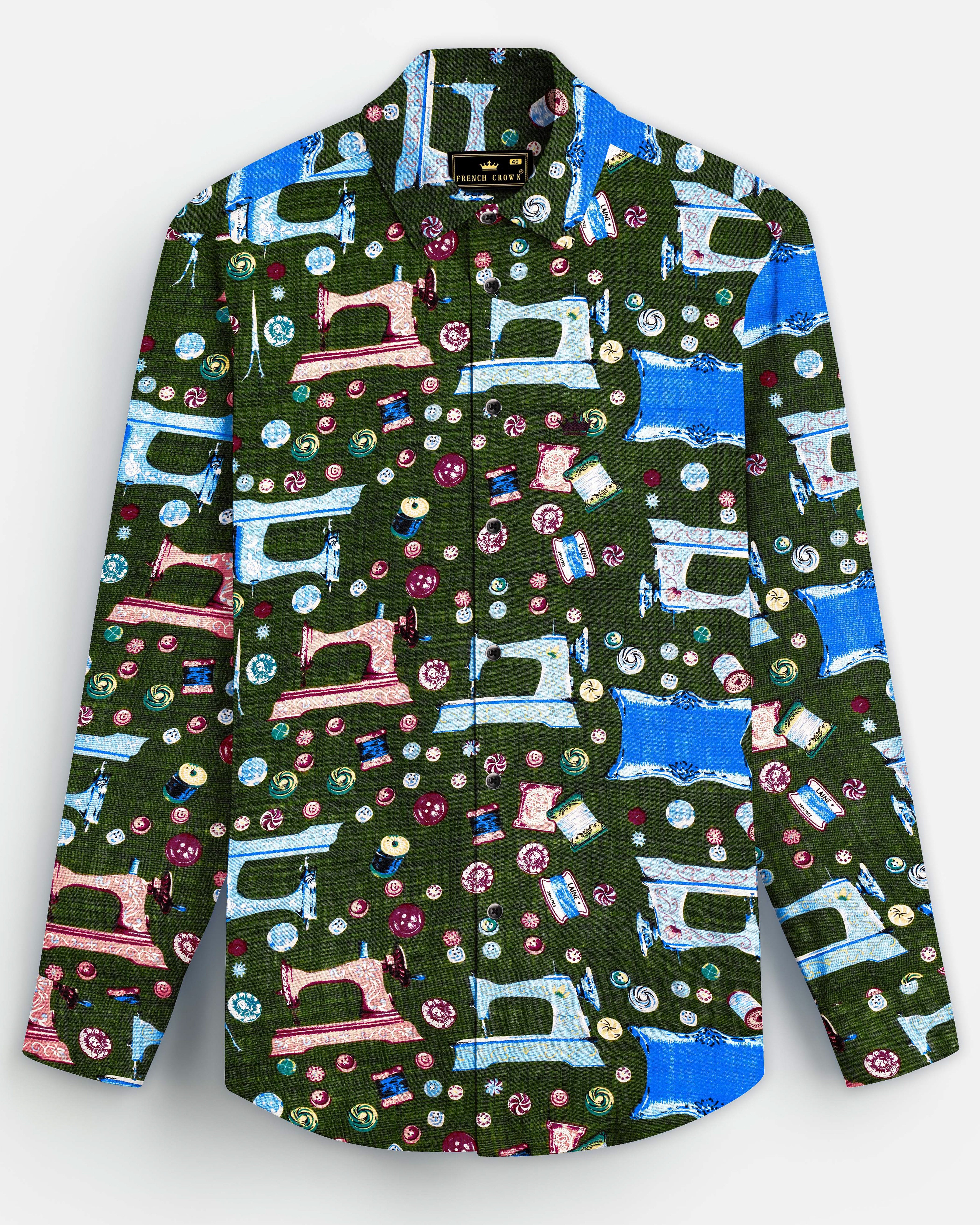 SewVivid-Myrtle Green and Lochmara Blue Sewing Machine Printed Lightweight Premium Cotton Casual Shirt