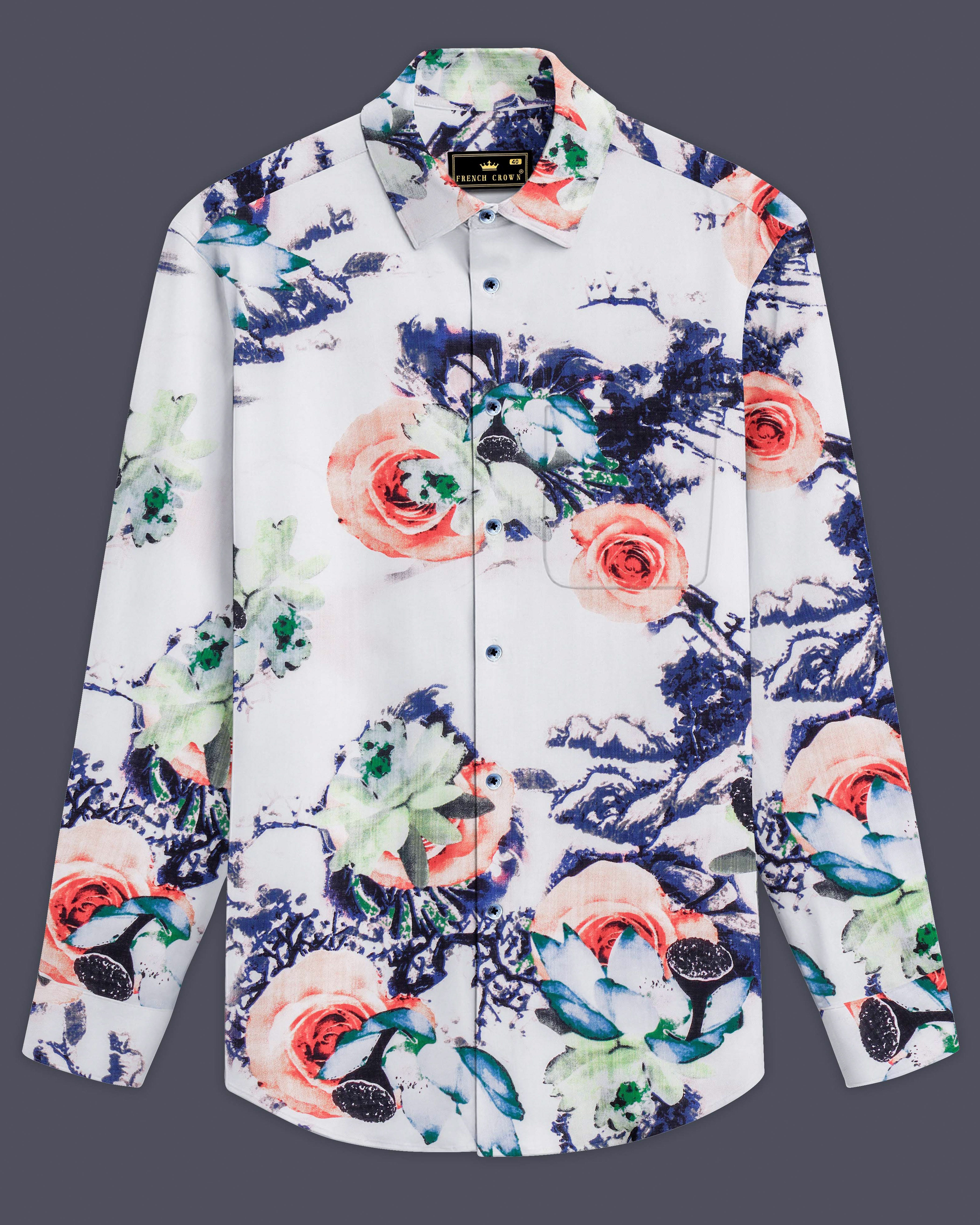Rosé Whisper-Bright White with Tacao Peach Rose Printed Lightweight Premium Cotton Multicolor Casual Shirt