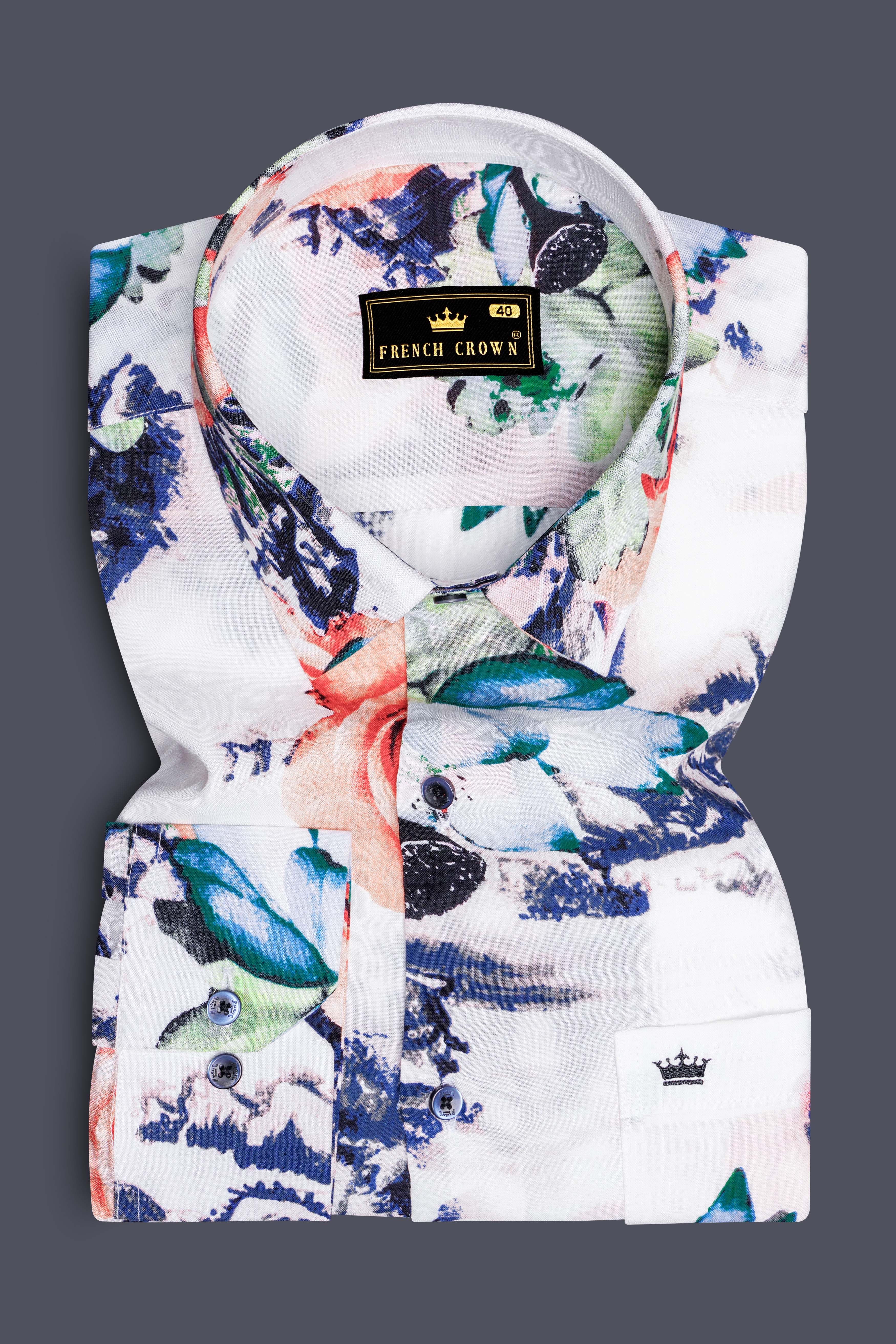 Rosé Whisper-Bright White with Tacao Peach Rose Printed Lightweight Premium Cotton Multicolor Casual Shirt