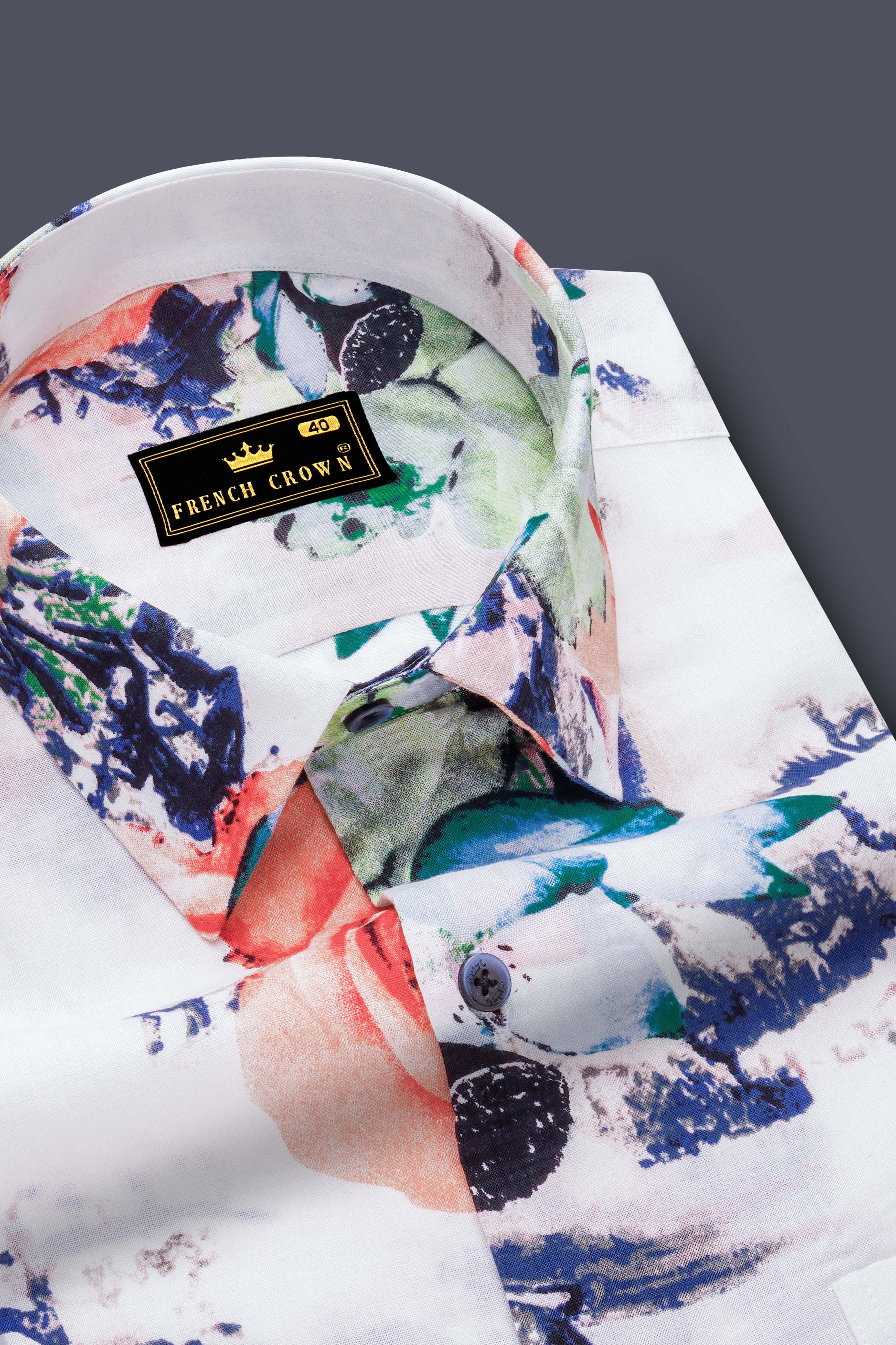 Rosé Whisper-Bright White with Tacao Peach Rose Printed Lightweight Premium Cotton Multicolor Casual Shirt