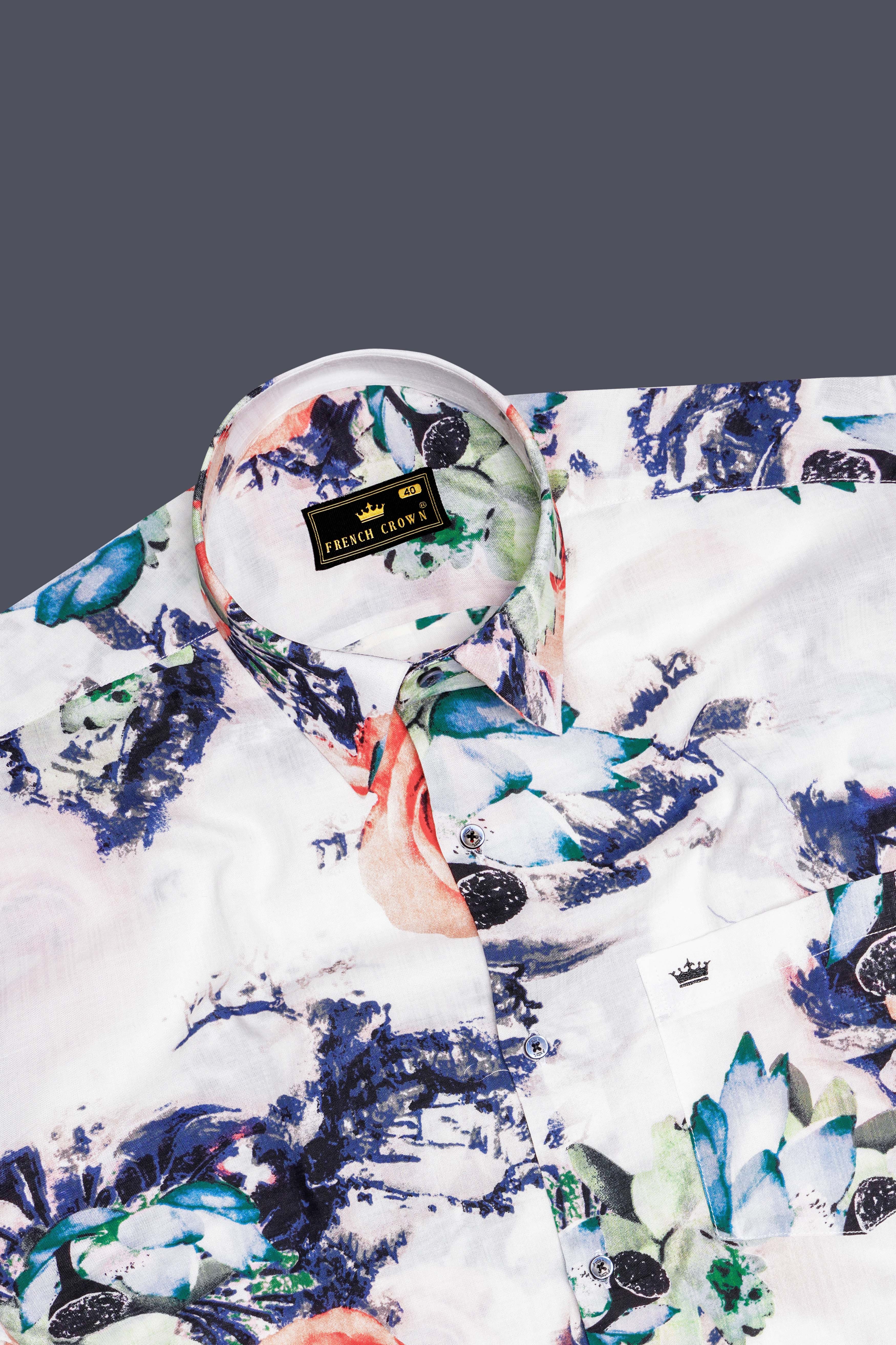 Rosé Whisper-Bright White with Tacao Peach Rose Printed Lightweight Premium Cotton Multicolor Casual Shirt