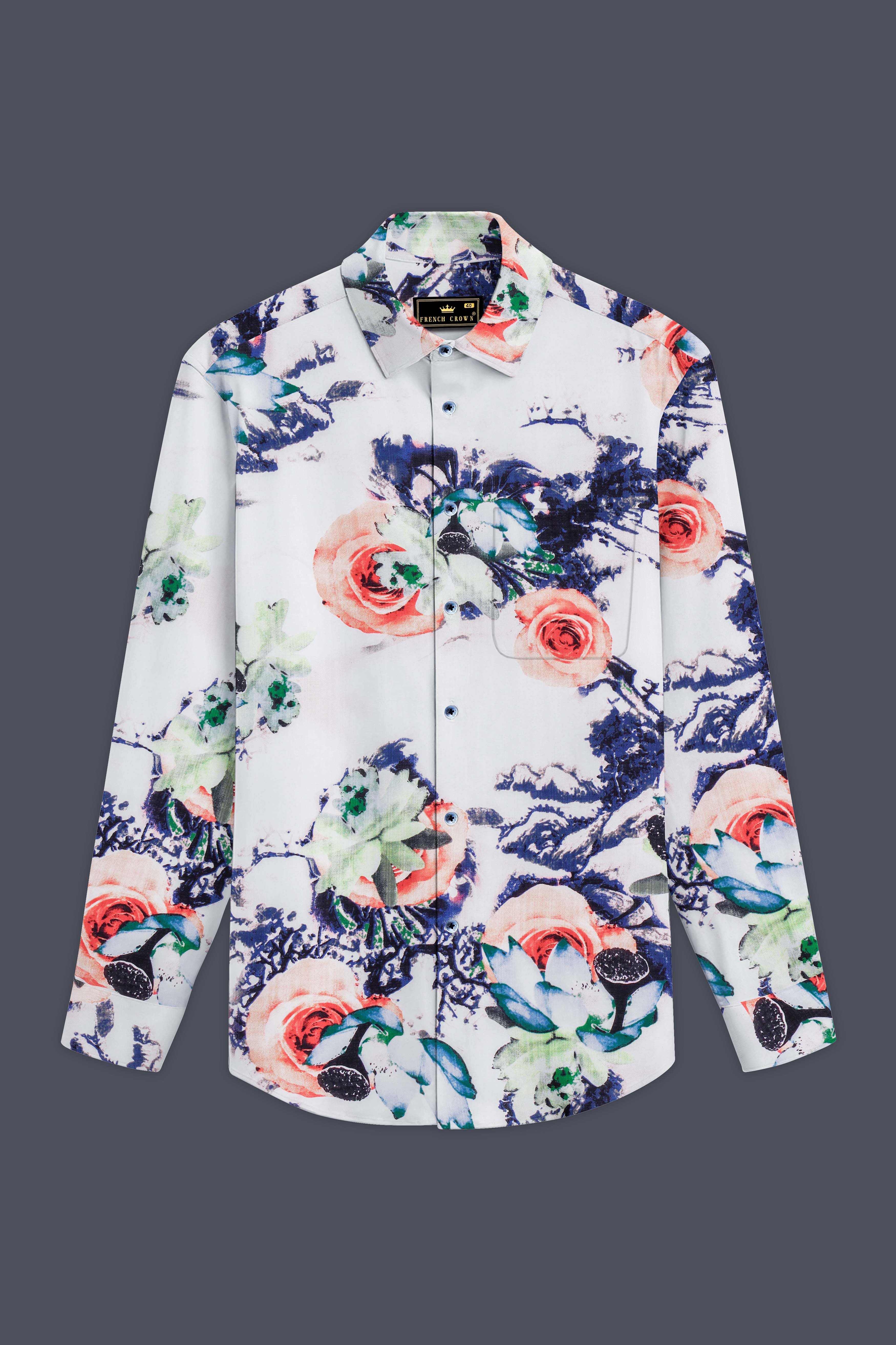 Rosé Whisper-Bright White with Tacao Peach Rose Printed Lightweight Premium Cotton Multicolor Casual Shirt