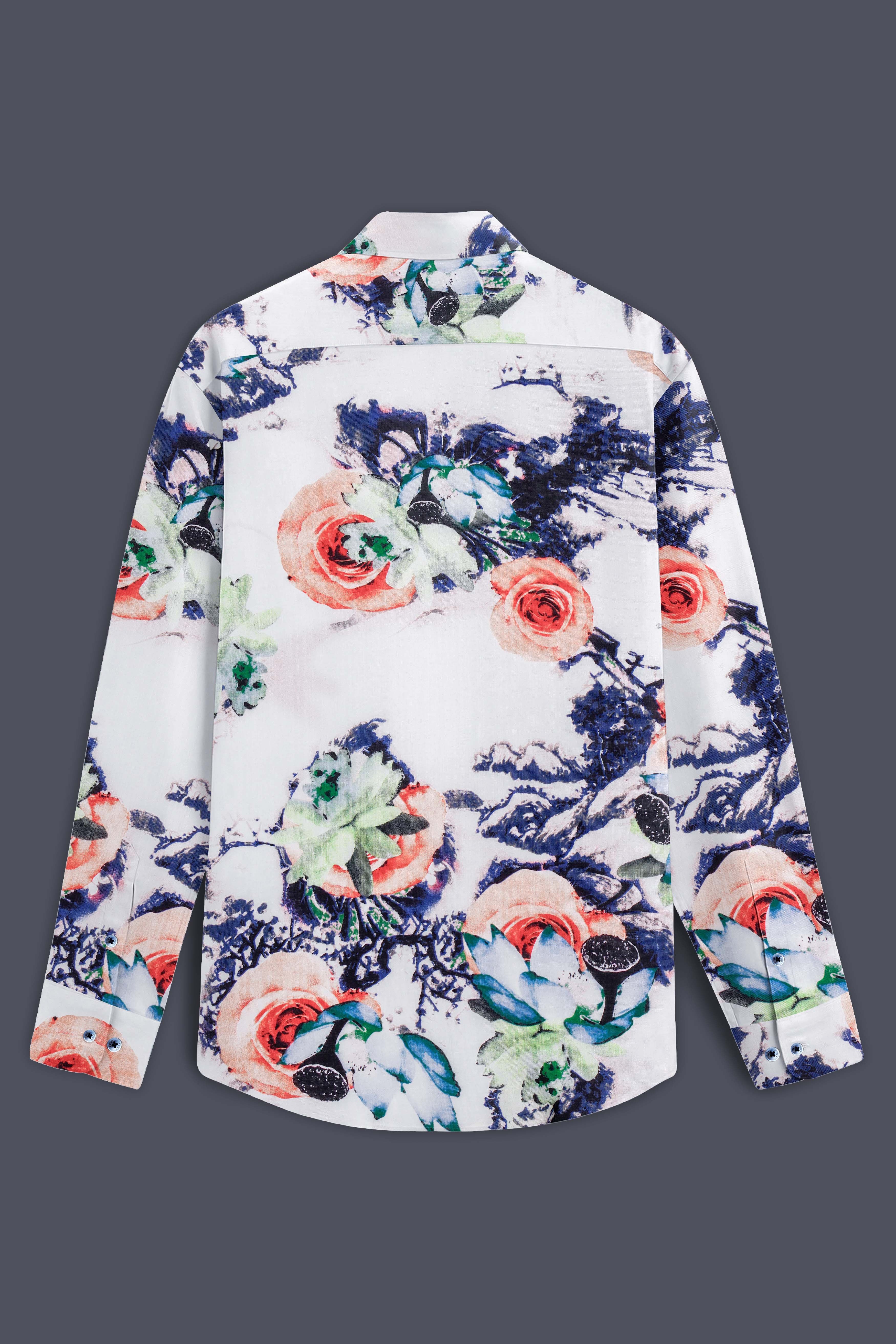 Rosé Whisper-Bright White with Tacao Peach Rose Printed Lightweight Premium Cotton Multicolor Casual Shirt