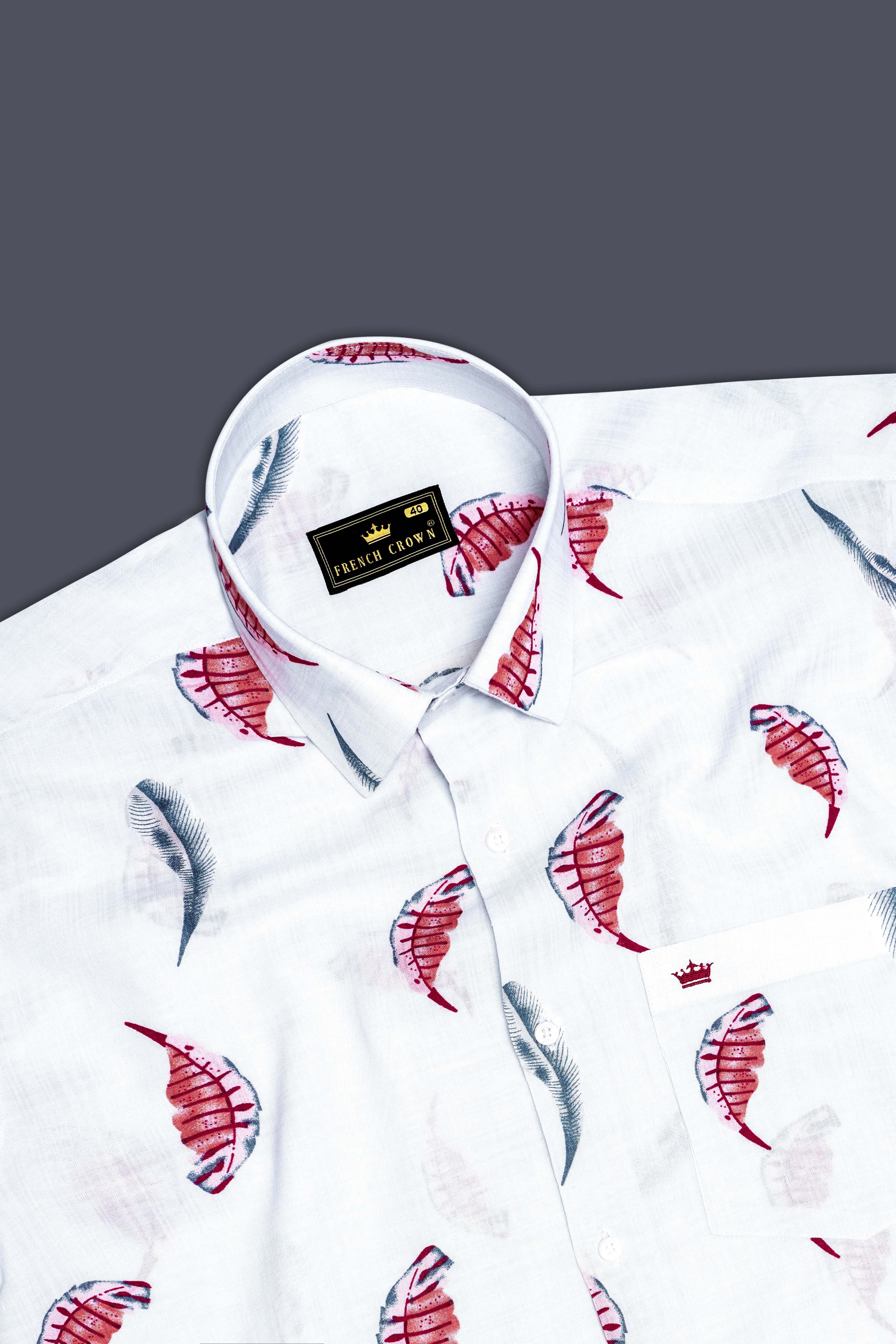 Alpine Leaf-Bright White Leaves Printed Lightweight Premium Cotton Casual Shirt