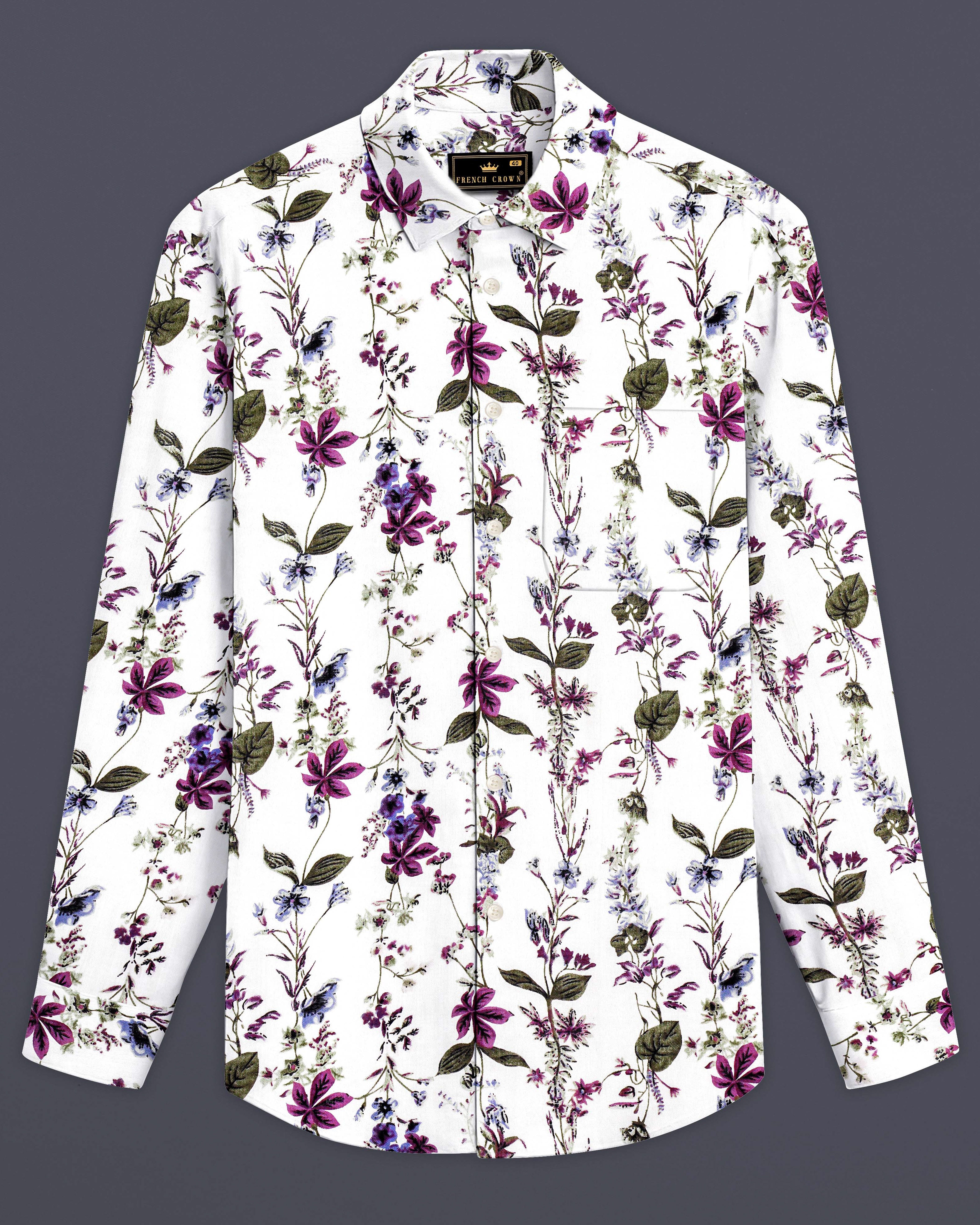 Ivory Flora-Bright White with Viola Pink and Shadow Green Ditsy Printed Lightweight Premium Cotton Shirt