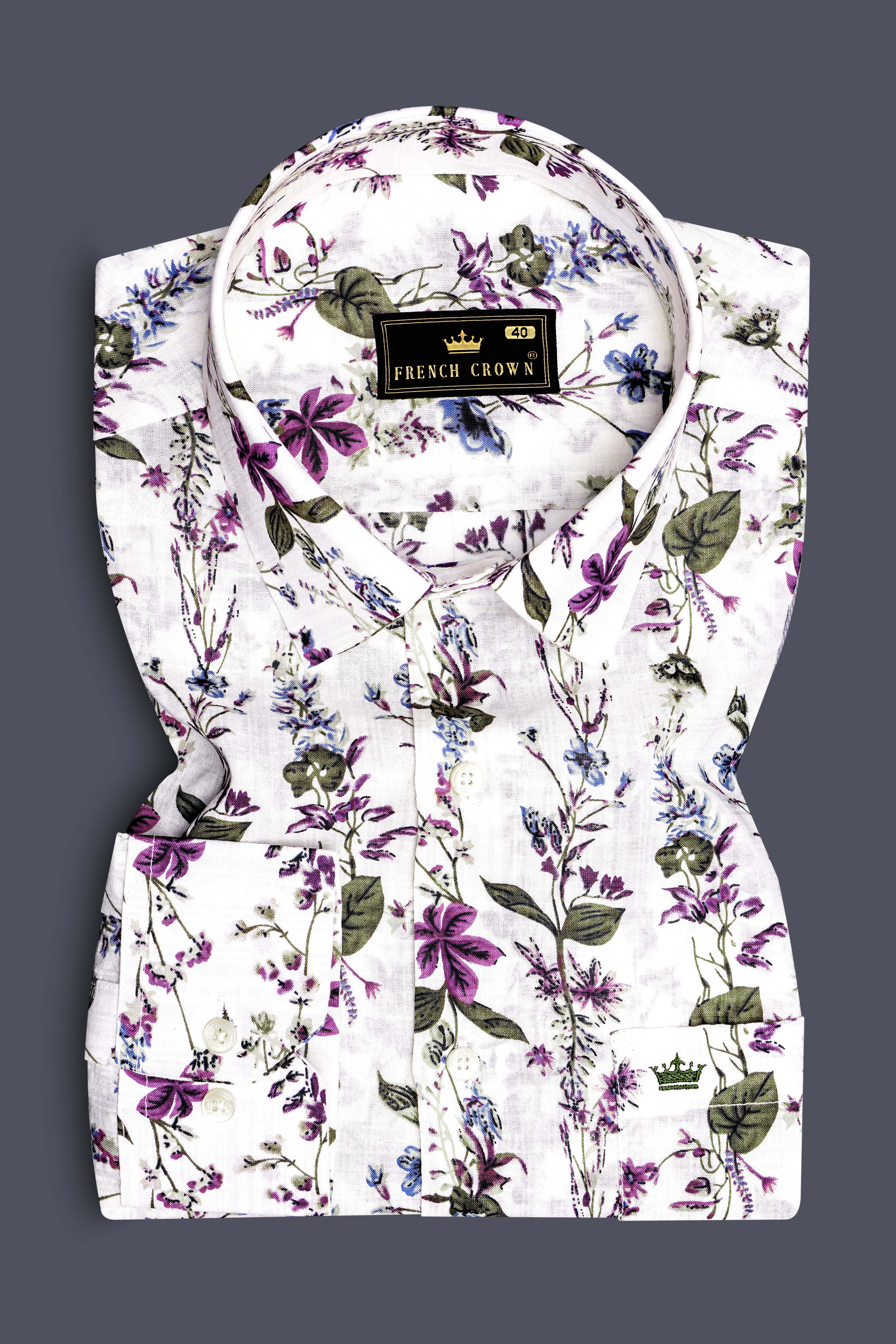 Ivory Flora-Bright White with Viola Pink and Shadow Green Ditsy Printed Lightweight Premium Cotton Shirt