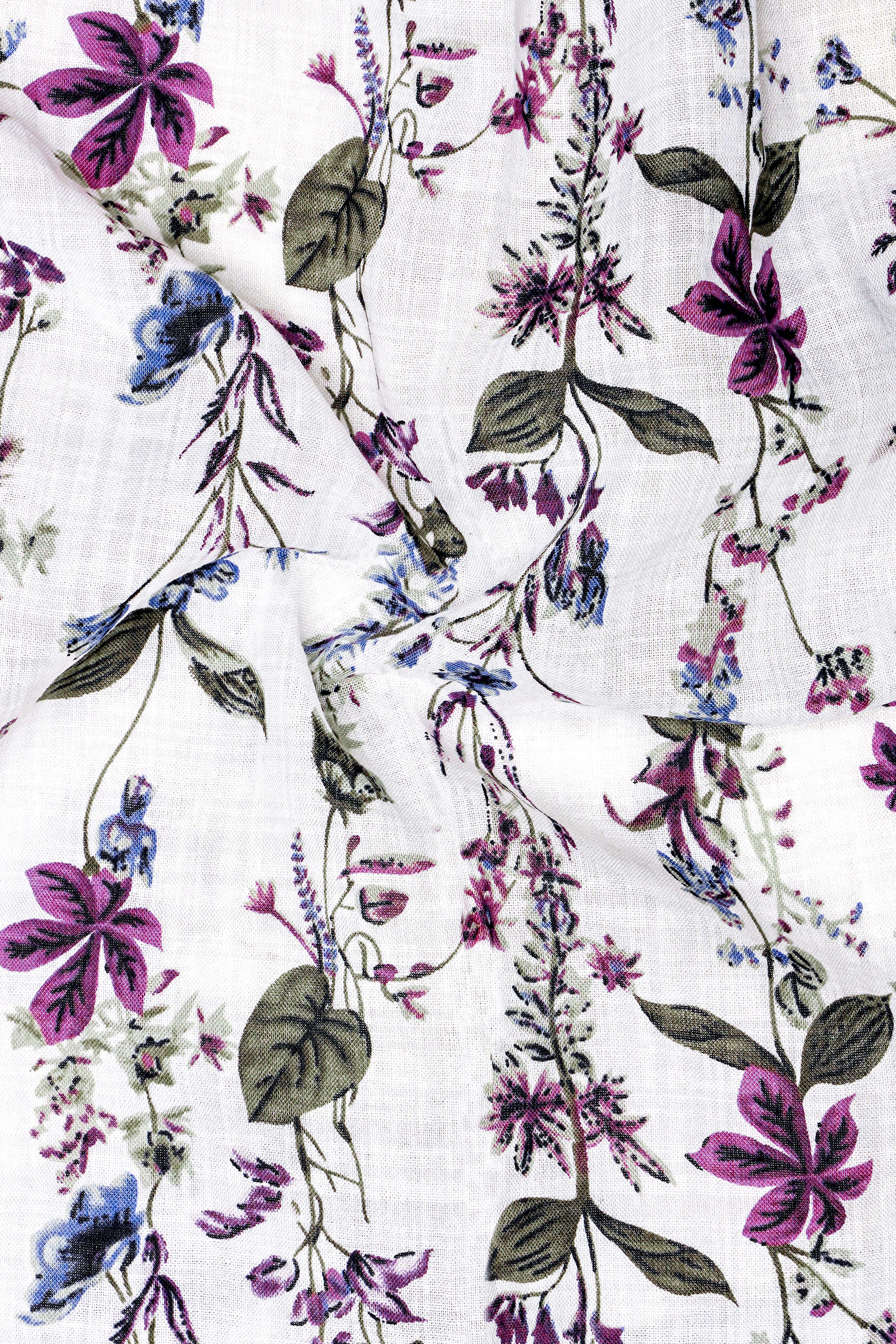 Ivory Flora-Bright White with Viola Pink and Shadow Green Ditsy Printed Lightweight Premium Cotton Shirt