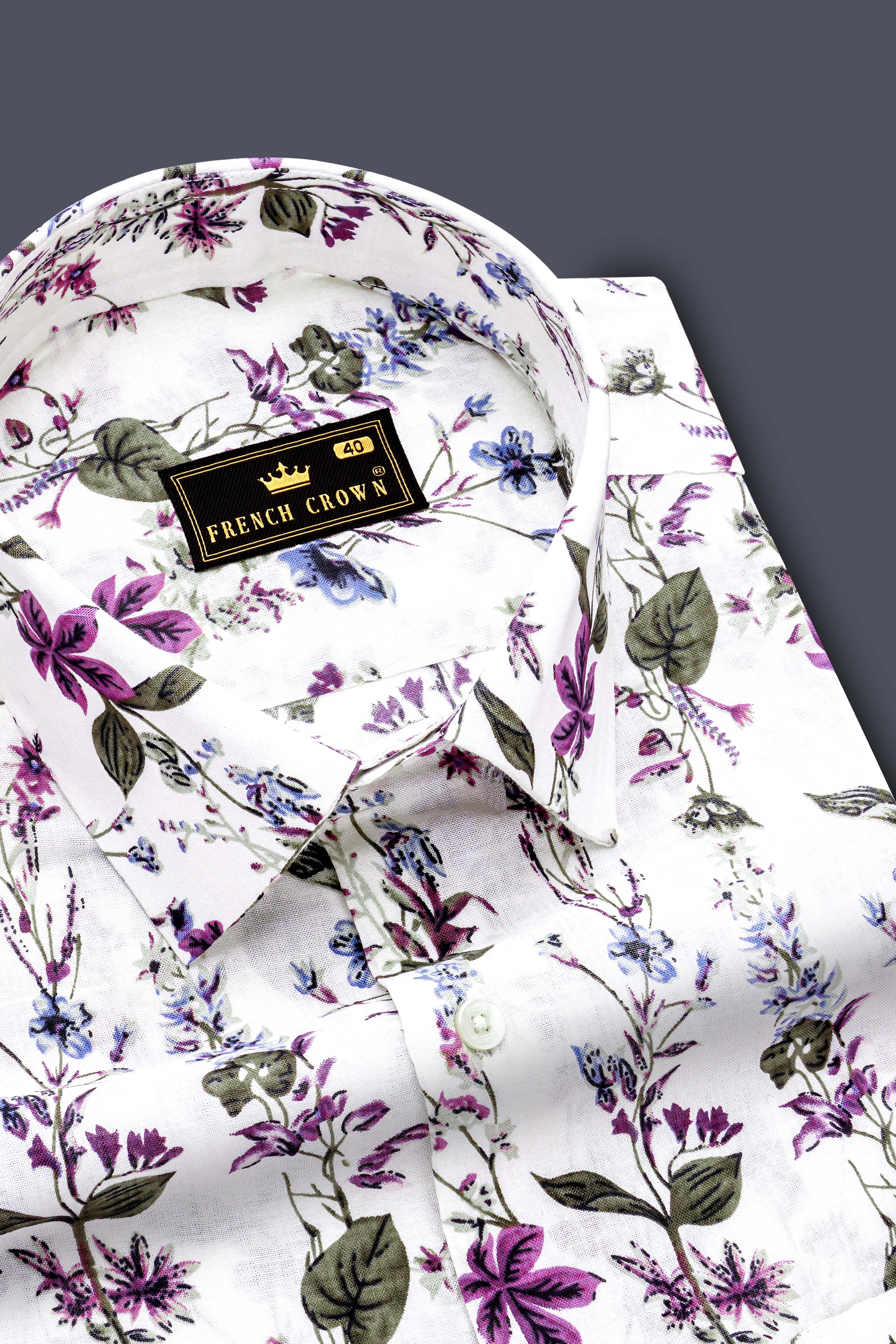 Ivory Flora-Bright White with Viola Pink and Shadow Green Ditsy Printed Lightweight Premium Cotton Shirt