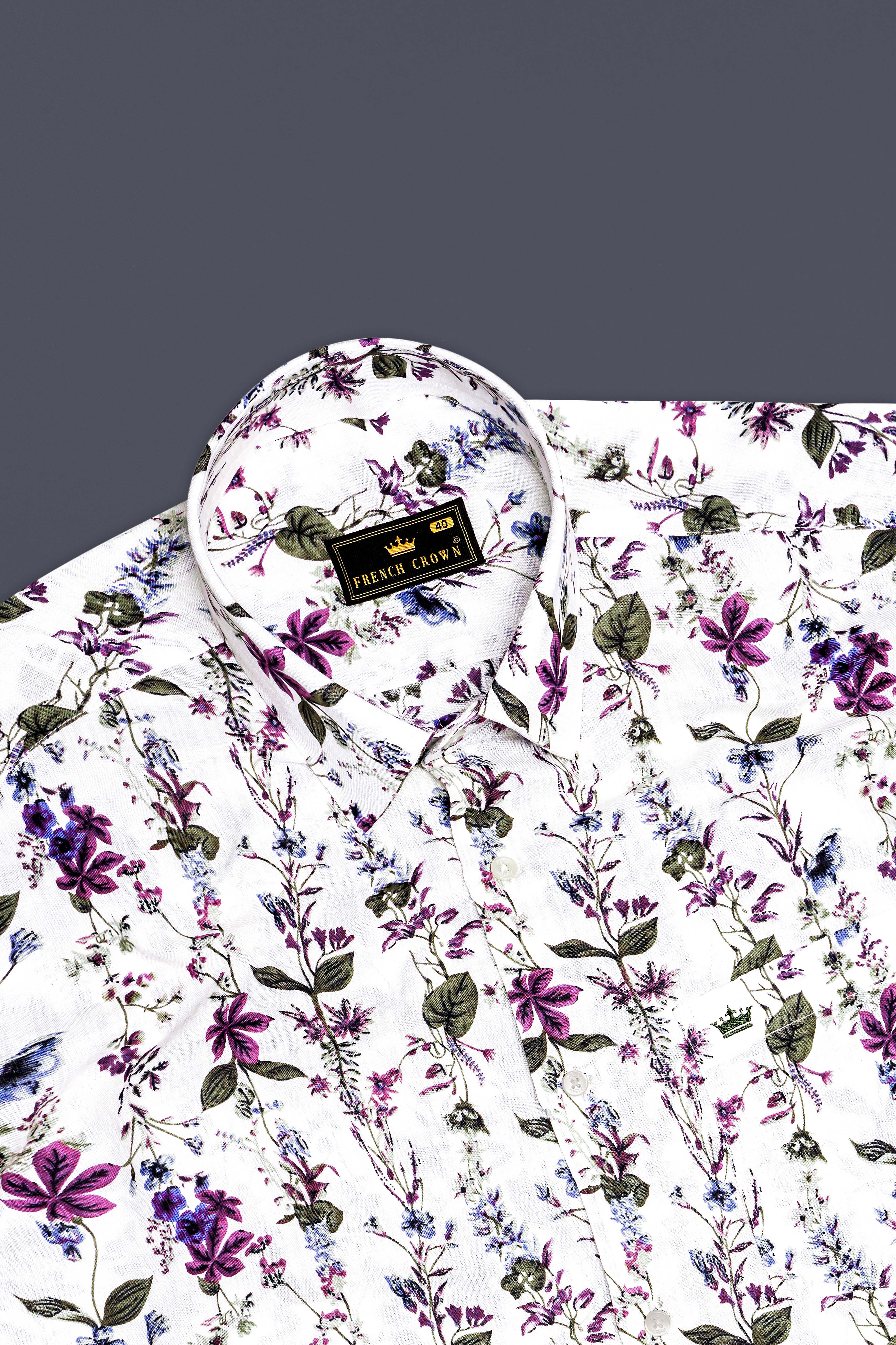 Ivory Flora-Bright White with Viola Pink and Shadow Green Ditsy Printed Lightweight Premium Cotton Shirt