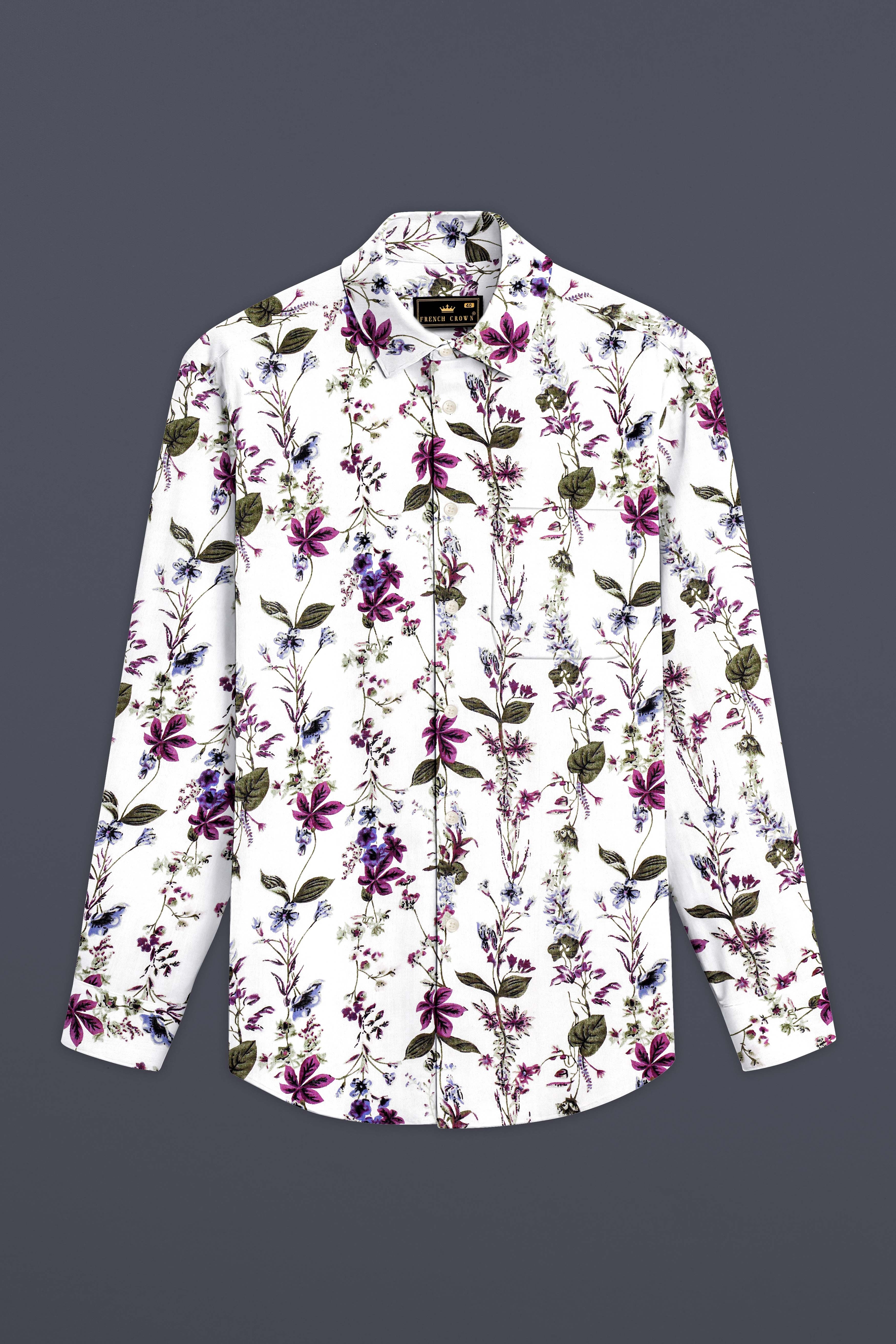 Ivory Flora-Bright White with Viola Pink and Shadow Green Ditsy Printed Lightweight Premium Cotton Shirt