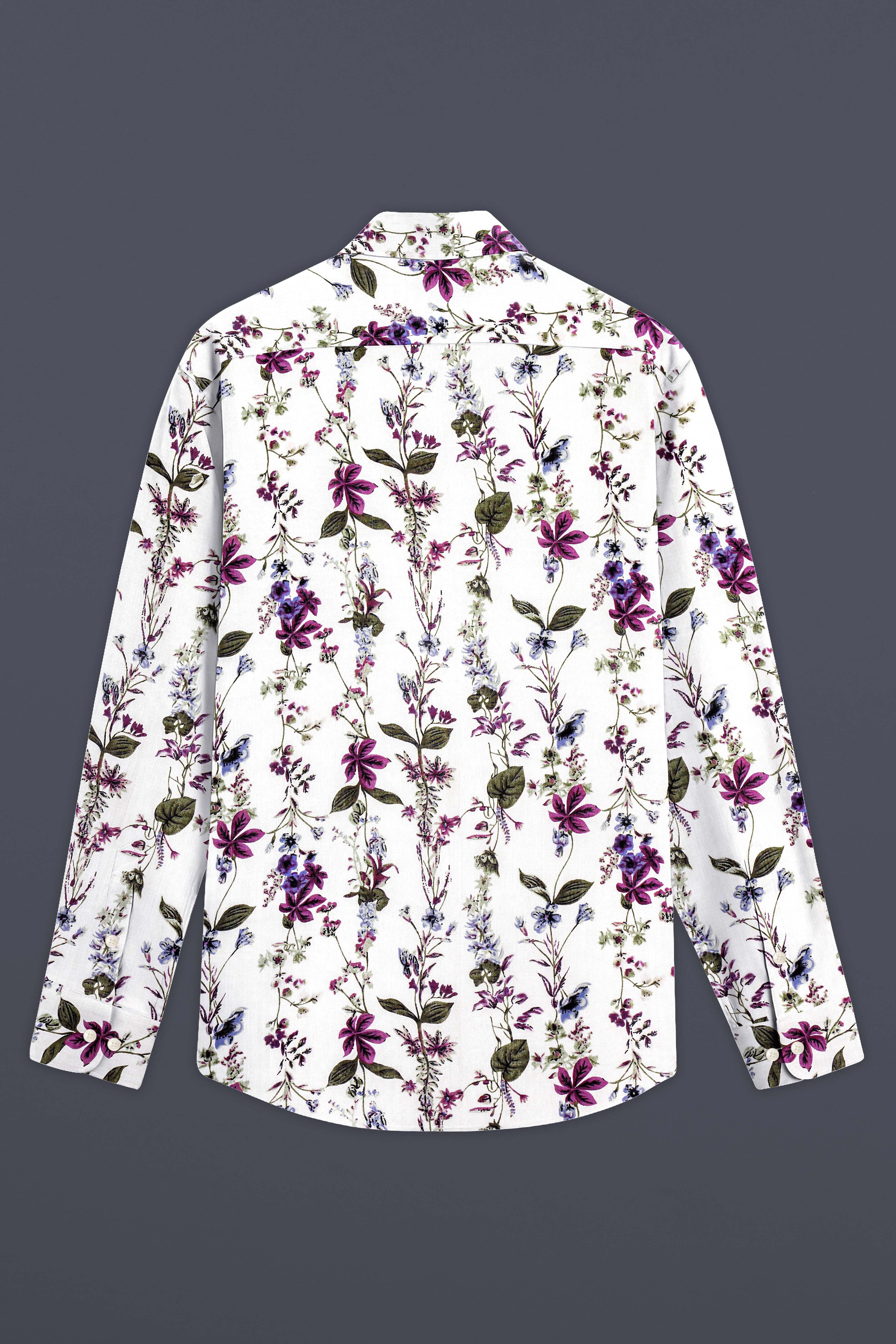 Ivory Flora-Bright White with Viola Pink and Shadow Green Ditsy Printed Lightweight Premium Cotton Shirt