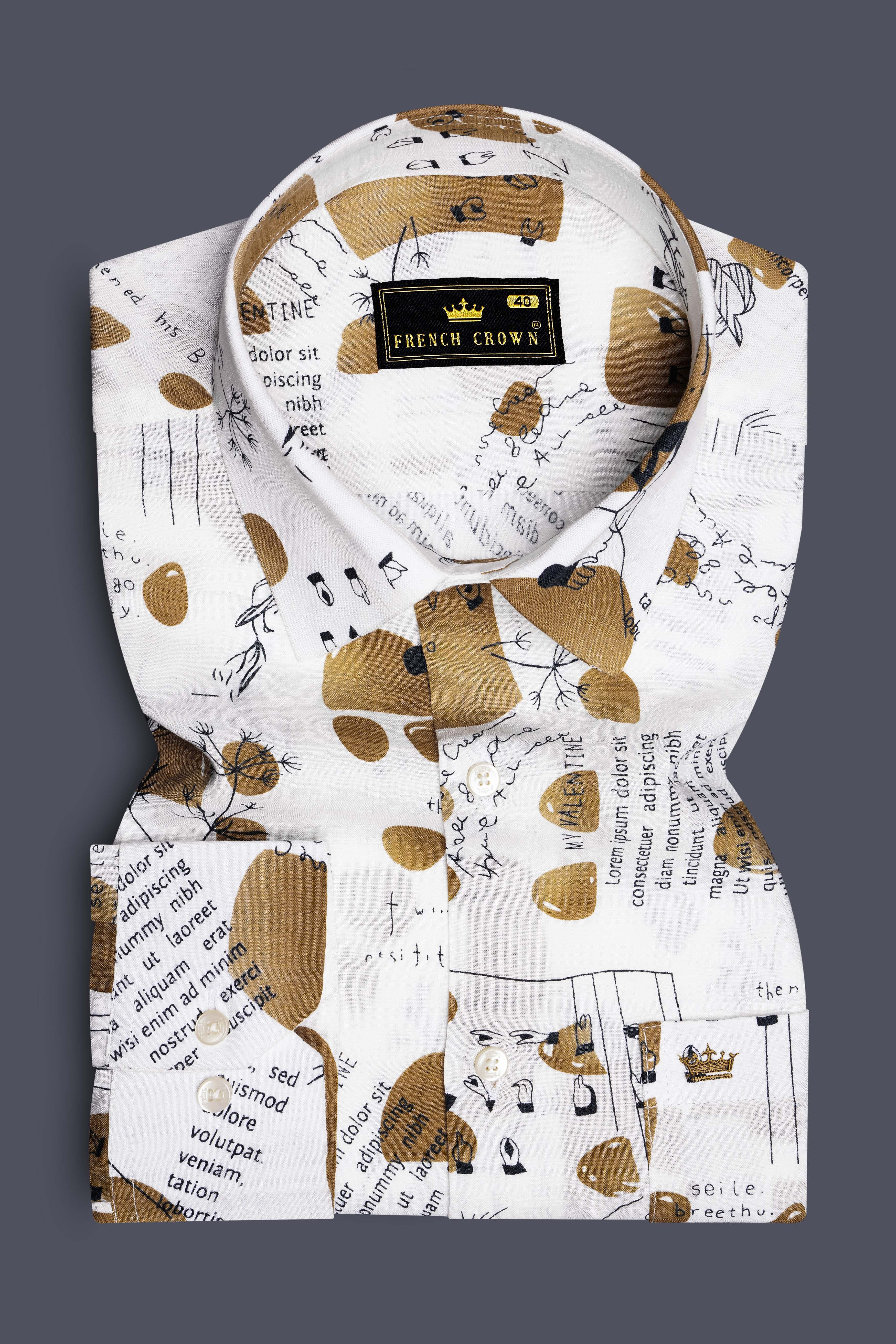Vintage-Bright White and Muesli Brown Doodle Printed Lightweight Premium Cotton Casual Shirt
