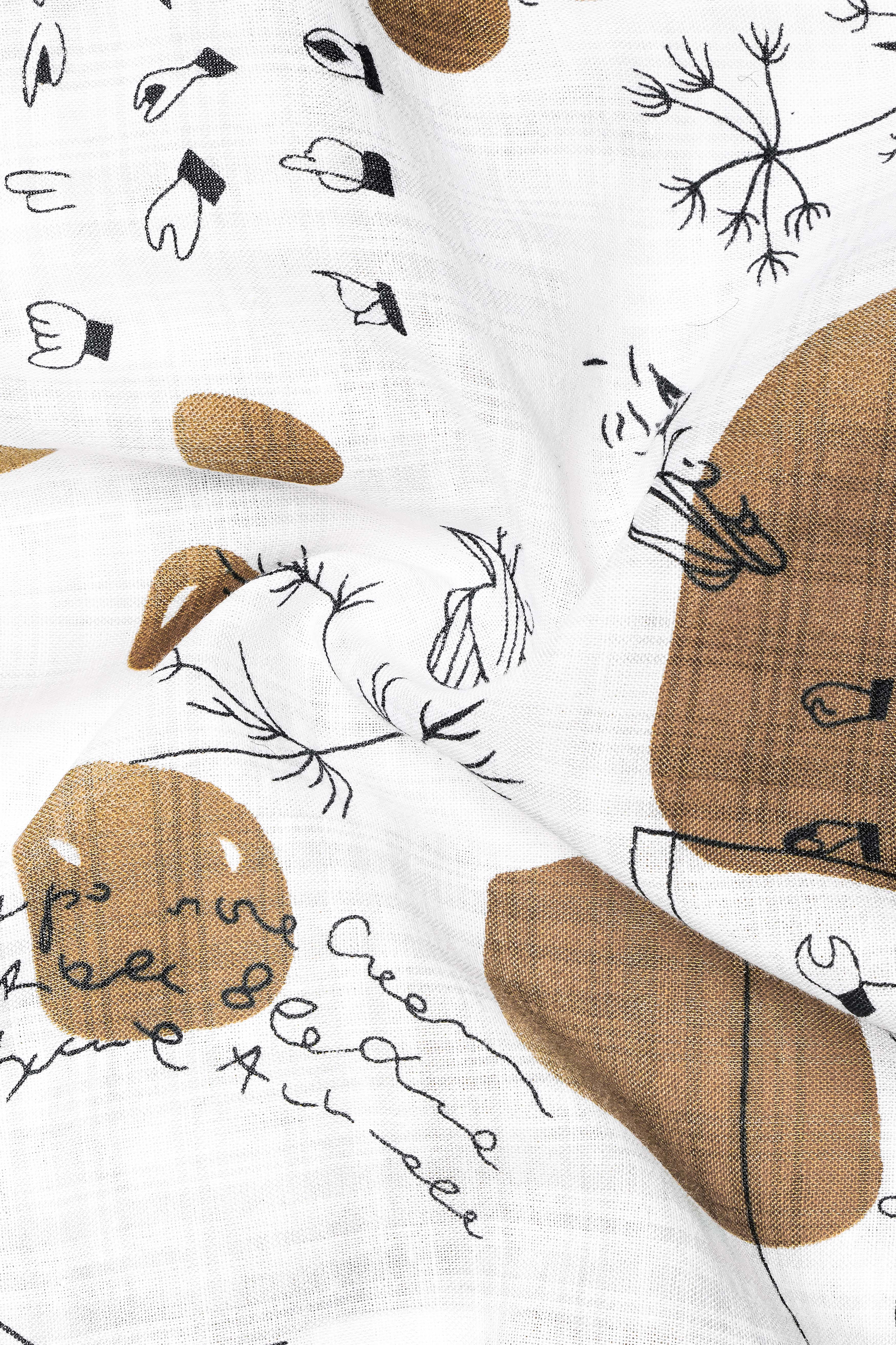Vintage-Bright White and Muesli Brown Doodle Printed Lightweight Premium Cotton Casual Shirt