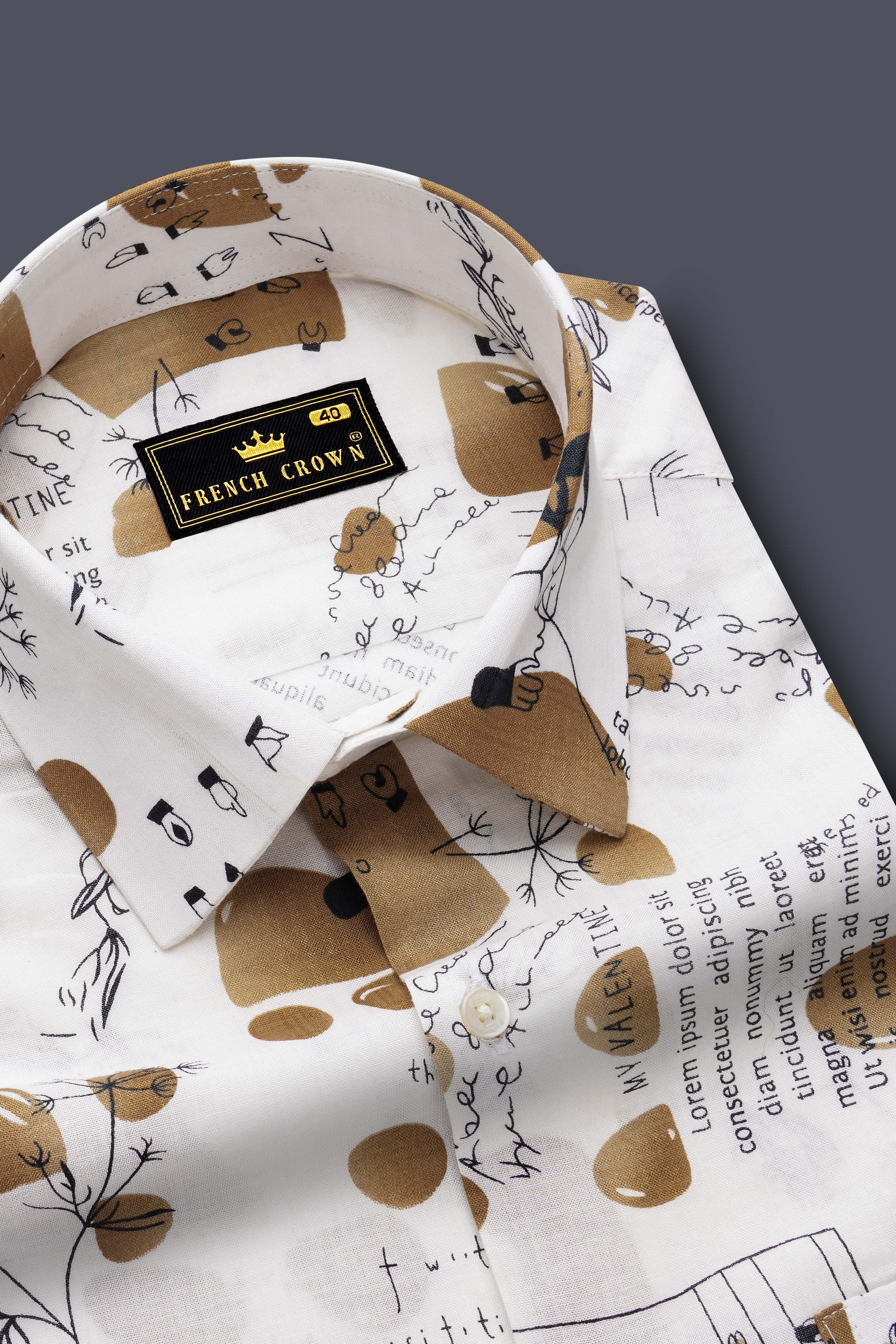 Vintage-Bright White and Muesli Brown Doodle Printed Lightweight Premium Cotton Casual Shirt