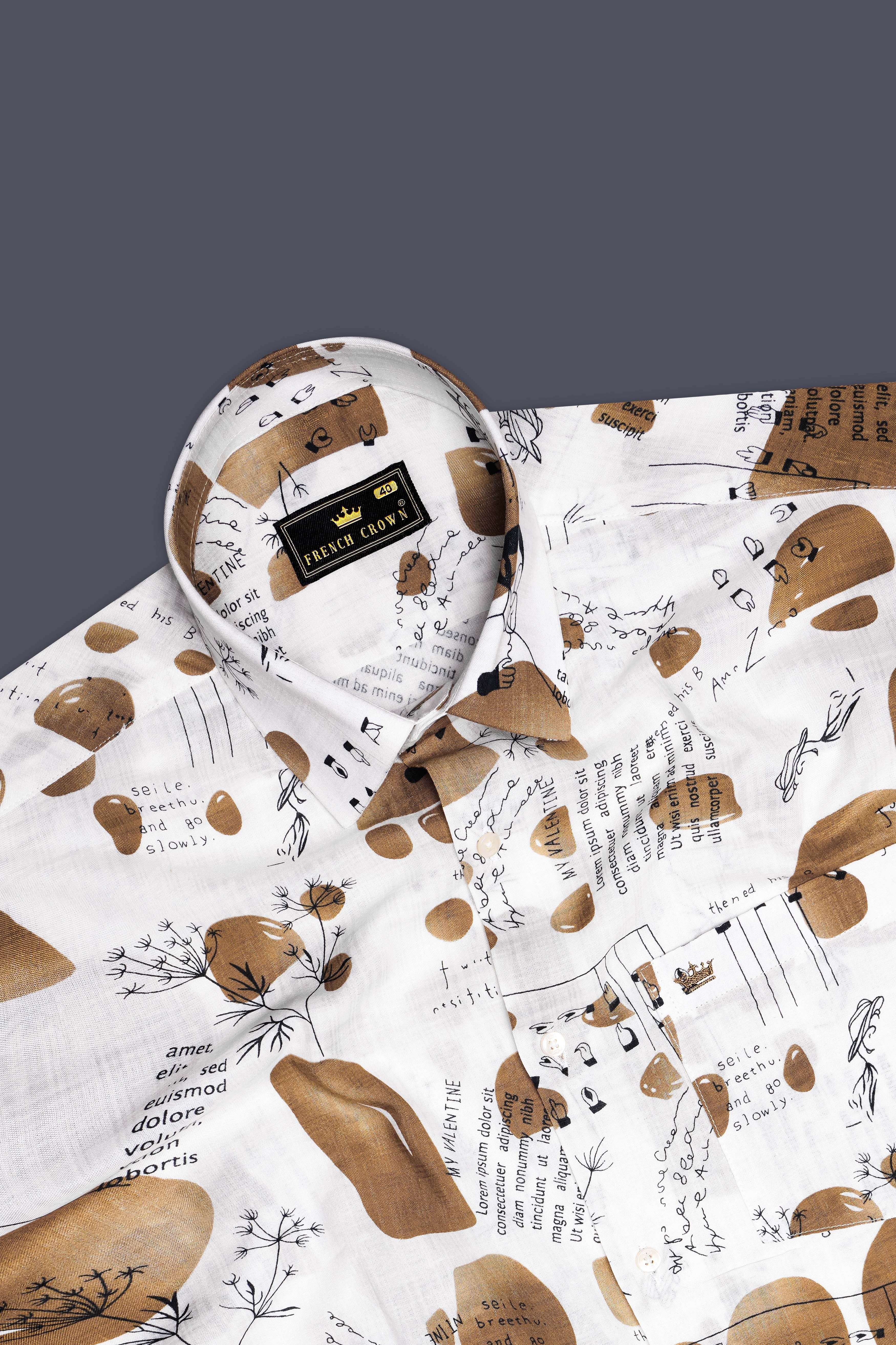 Vintage-Bright White and Muesli Brown Doodle Printed Lightweight Premium Cotton Casual Shirt