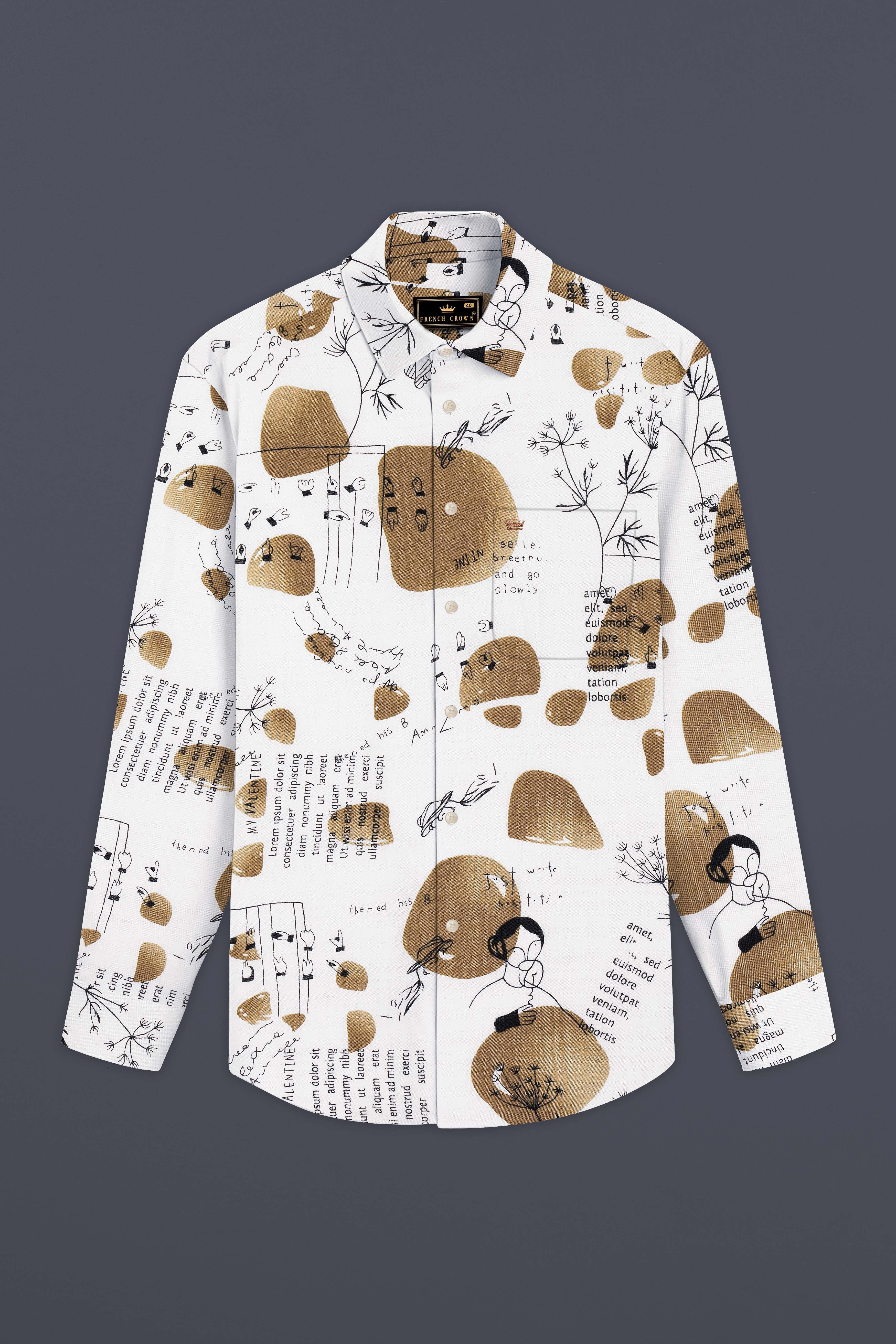 Vintage-Bright White and Muesli Brown Doodle Printed Lightweight Premium Cotton Casual Shirt