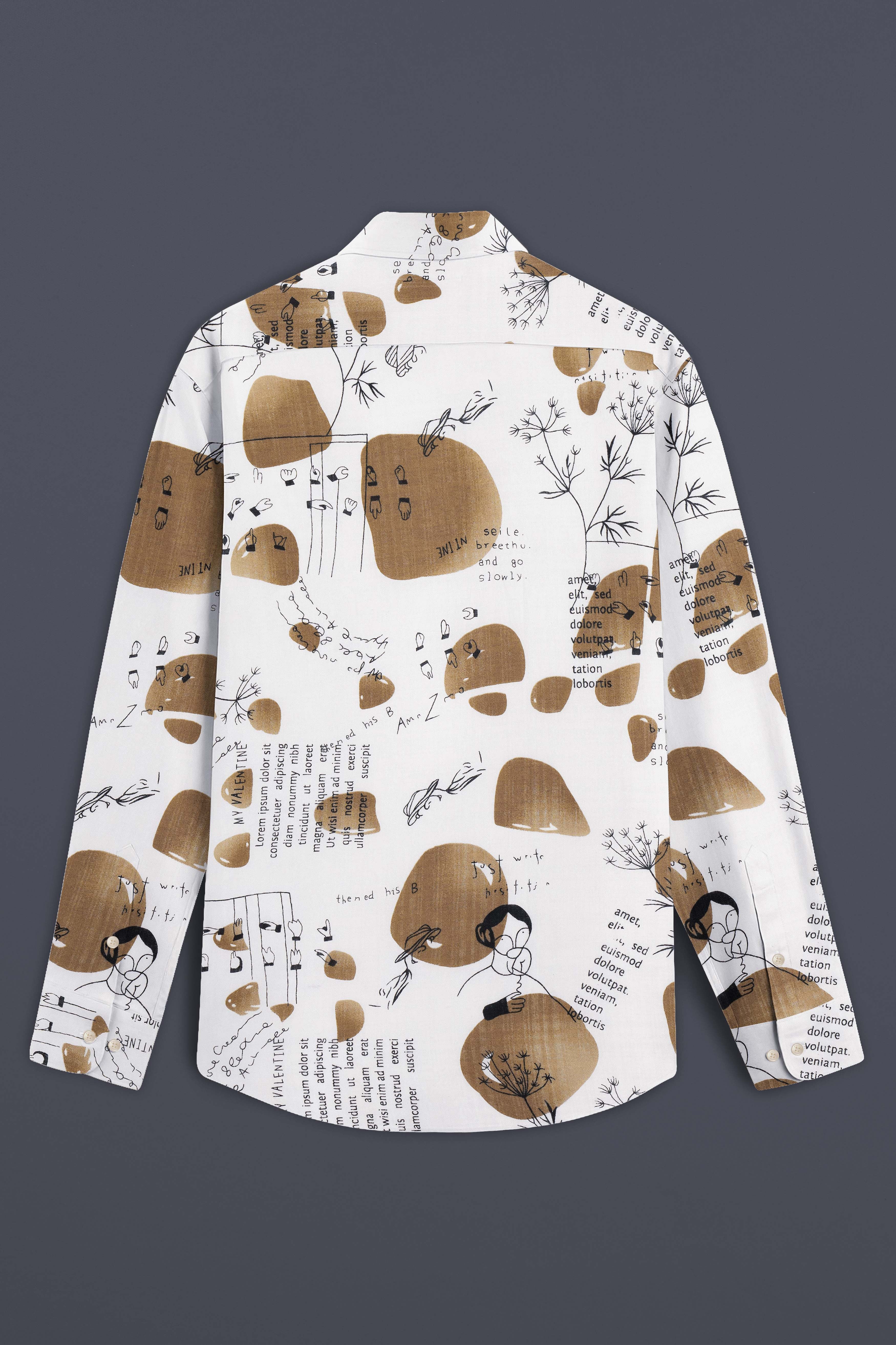 Vintage-Bright White and Muesli Brown Doodle Printed Lightweight Premium Cotton Casual Shirt