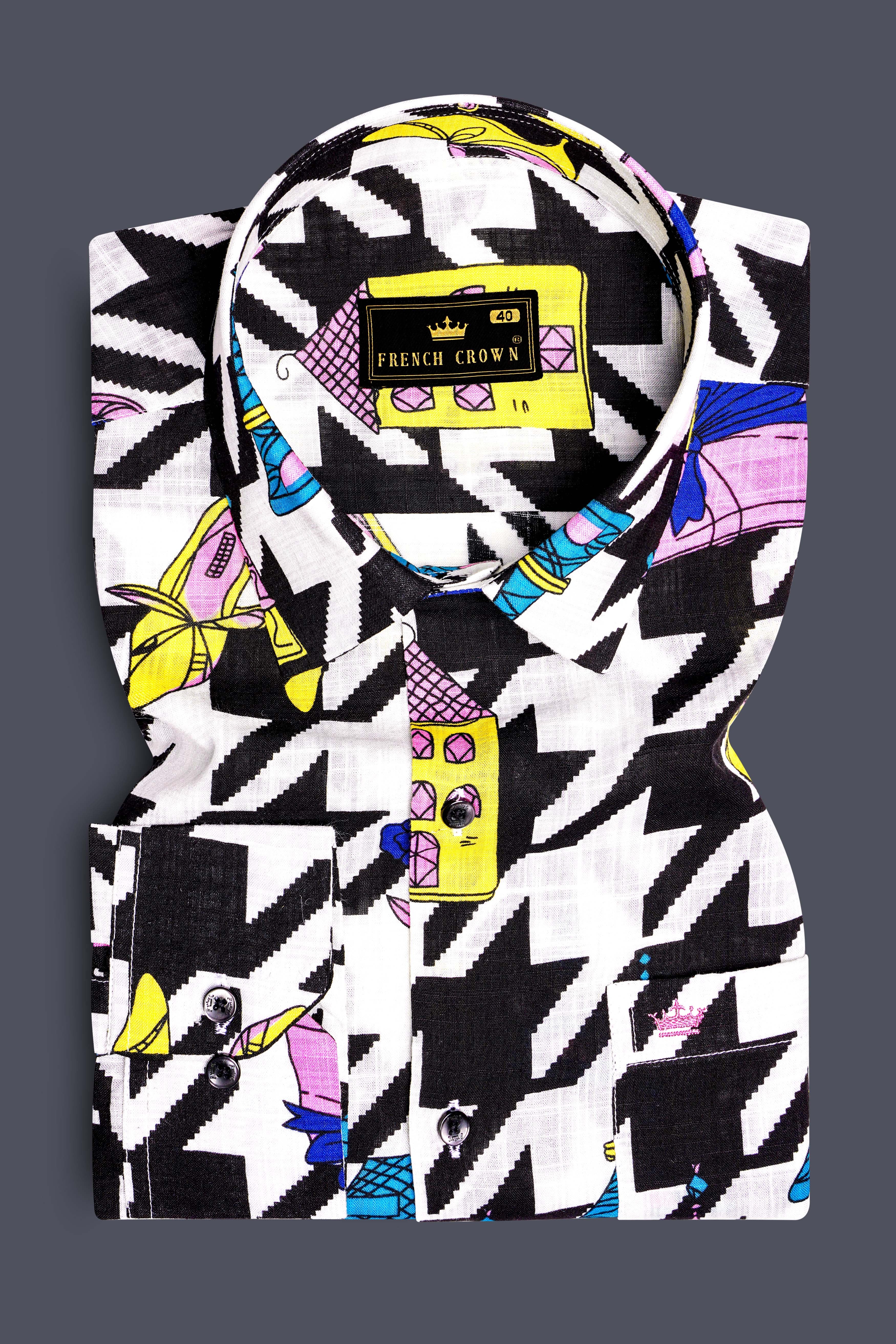 Lilac Thread-Black & White with Lavender Pink Herringbone Printed Lightweight Premium Cotton Multicolor Casual Shirt
