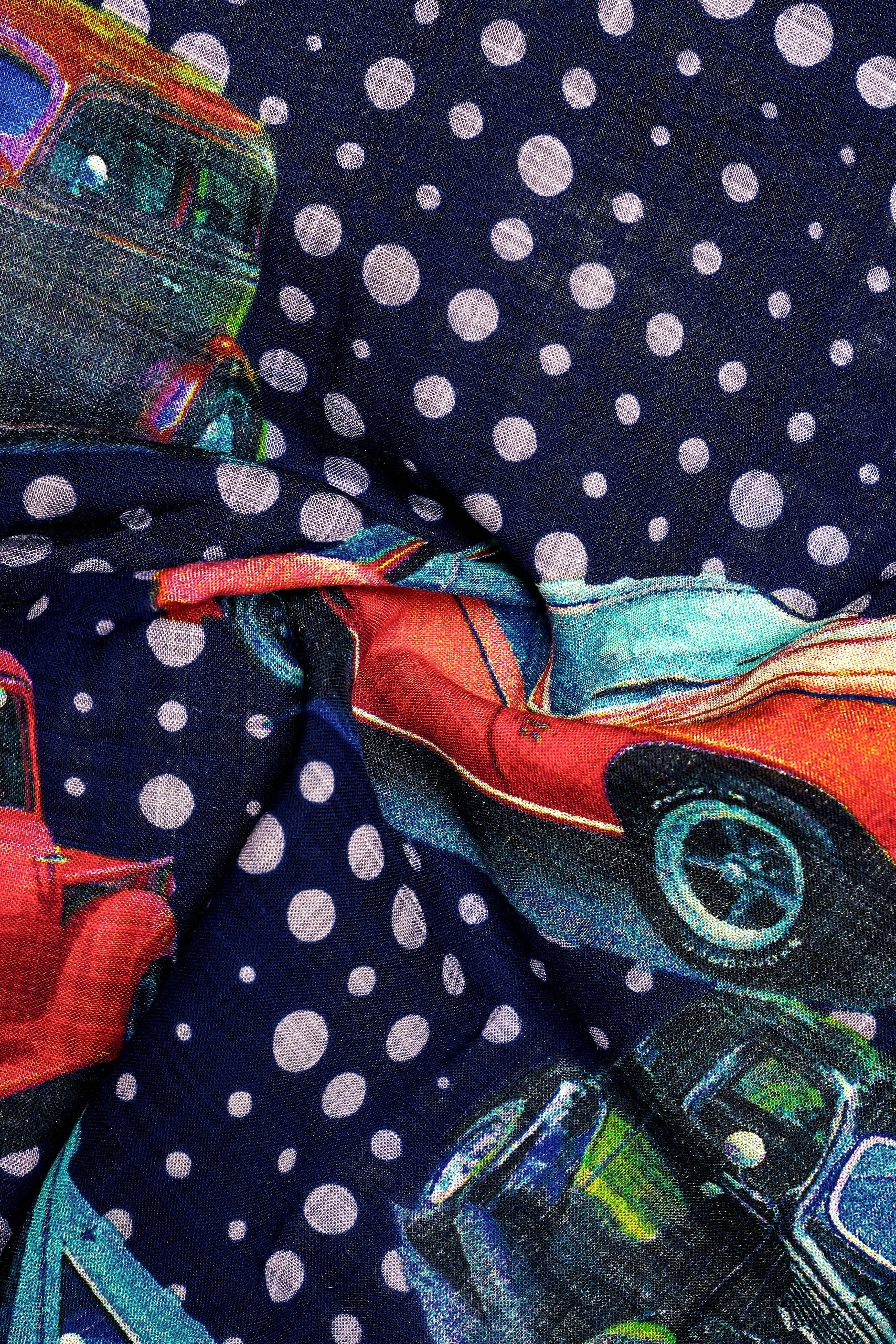 Vintage-Cinder Navy Blue Vintage Car Printed Lightweight Premium Cotton Multicolor Casual Shirt