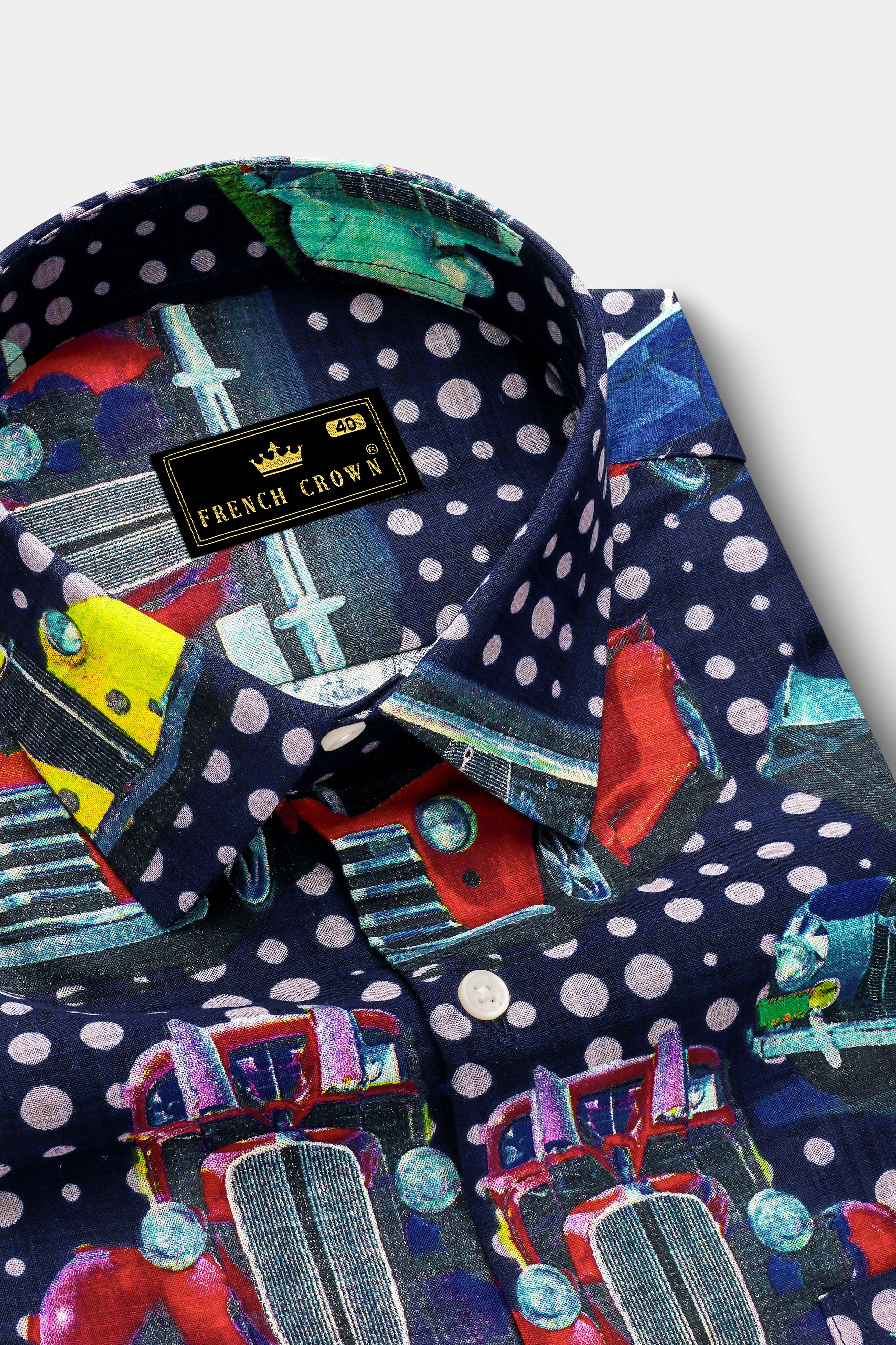 Vintage-Cinder Navy Blue Vintage Car Printed Lightweight Premium Cotton Multicolor Casual Shirt 13524-38, 13524-H-38, 13524-39, 13524-H-39, 13524-40, 13524-H-40, 13524-42, 13524-H-42, 13524-44, 13524-H-44, 13524-46, 13524-H-46, 13524-48, 13524-H-48, 13524-50, 13524-H-50, 13524-38-52, 13524-H-52