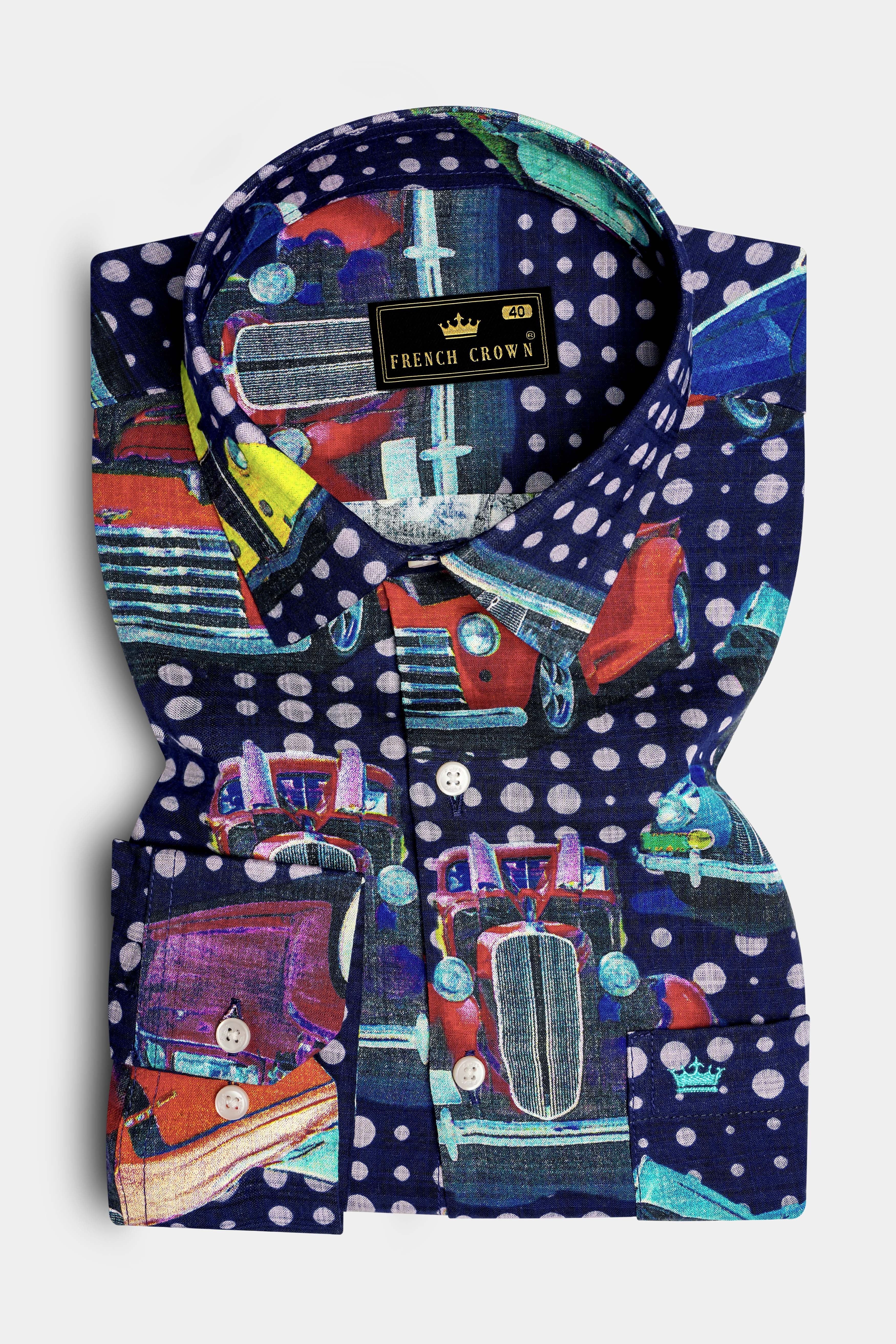 Vintage-Cinder Navy Blue Vintage Car Printed Lightweight Premium Cotton Multicolor Casual Shirt 13524-38, 13524-H-38, 13524-39, 13524-H-39, 13524-40, 13524-H-40, 13524-42, 13524-H-42, 13524-44, 13524-H-44, 13524-46, 13524-H-46, 13524-48, 13524-H-48, 13524-50, 13524-H-50, 13524-38-52, 13524-H-52