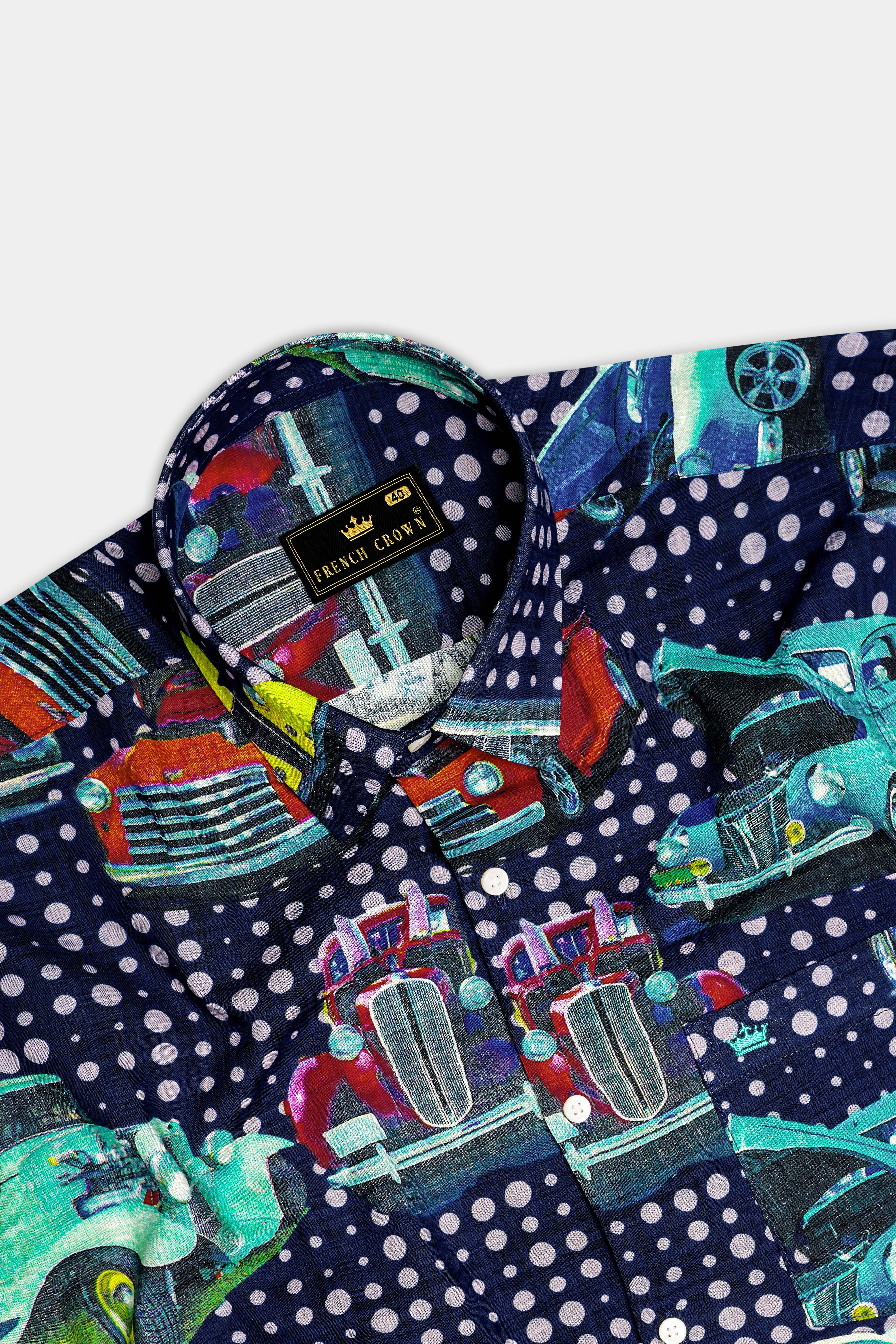Vintage-Cinder Navy Blue Vintage Car Printed Lightweight Premium Cotton Multicolor Casual Shirt 13524-38, 13524-H-38, 13524-39, 13524-H-39, 13524-40, 13524-H-40, 13524-42, 13524-H-42, 13524-44, 13524-H-44, 13524-46, 13524-H-46, 13524-48, 13524-H-48, 13524-50, 13524-H-50, 13524-38-52, 13524-H-52
