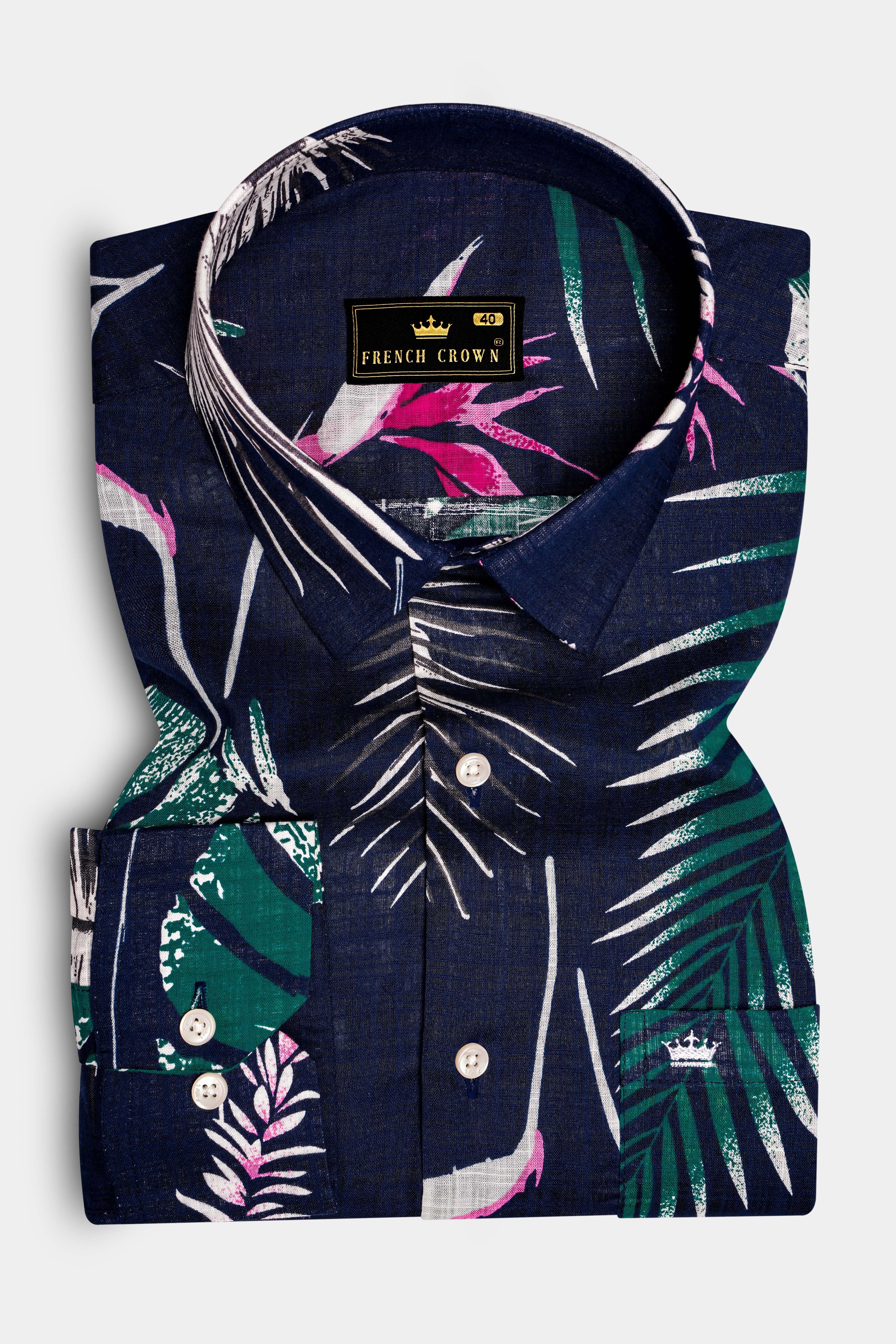 Moonlit Forest-Space Blue with Petrol Green Leaves Printed Lightweight Premium Cotton Casual Shirt