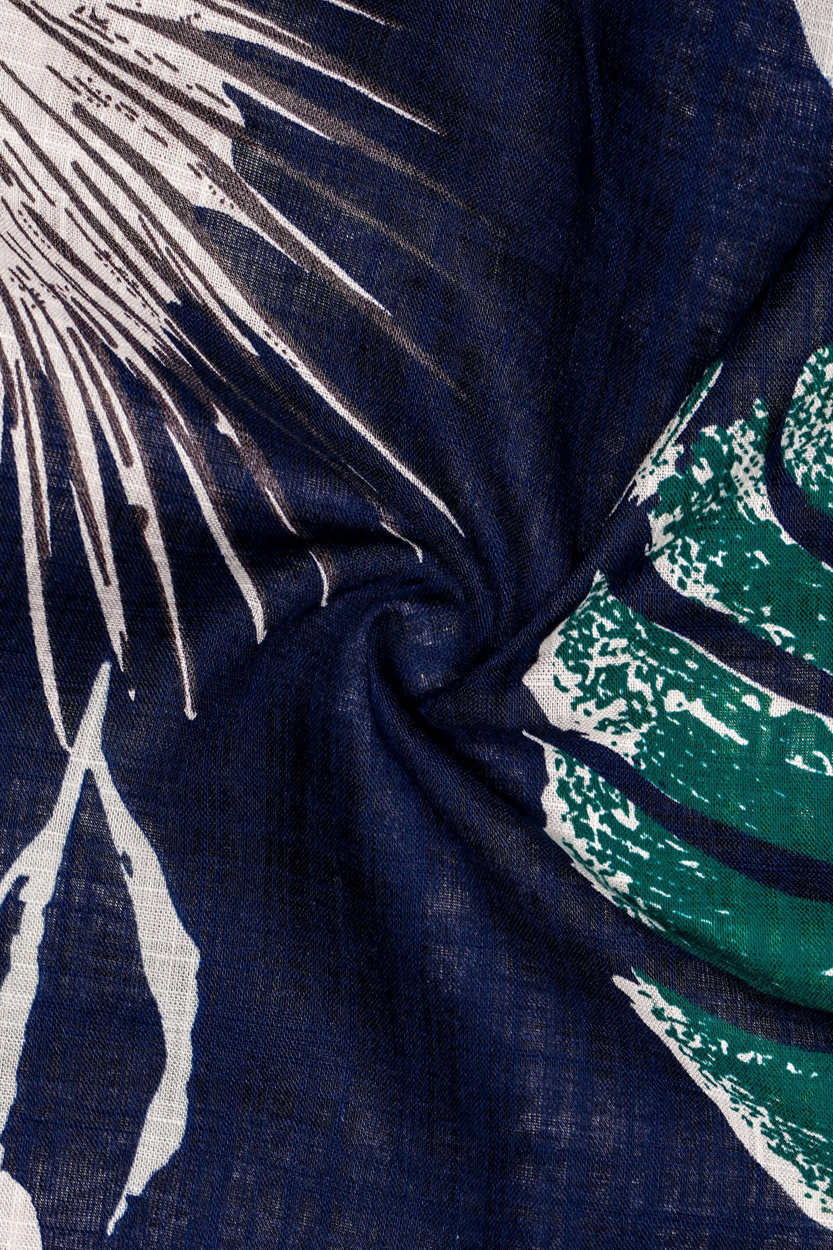 Moonlit Forest-Space Blue with Petrol Green Leaves Printed Lightweight Premium Cotton Casual Shirt