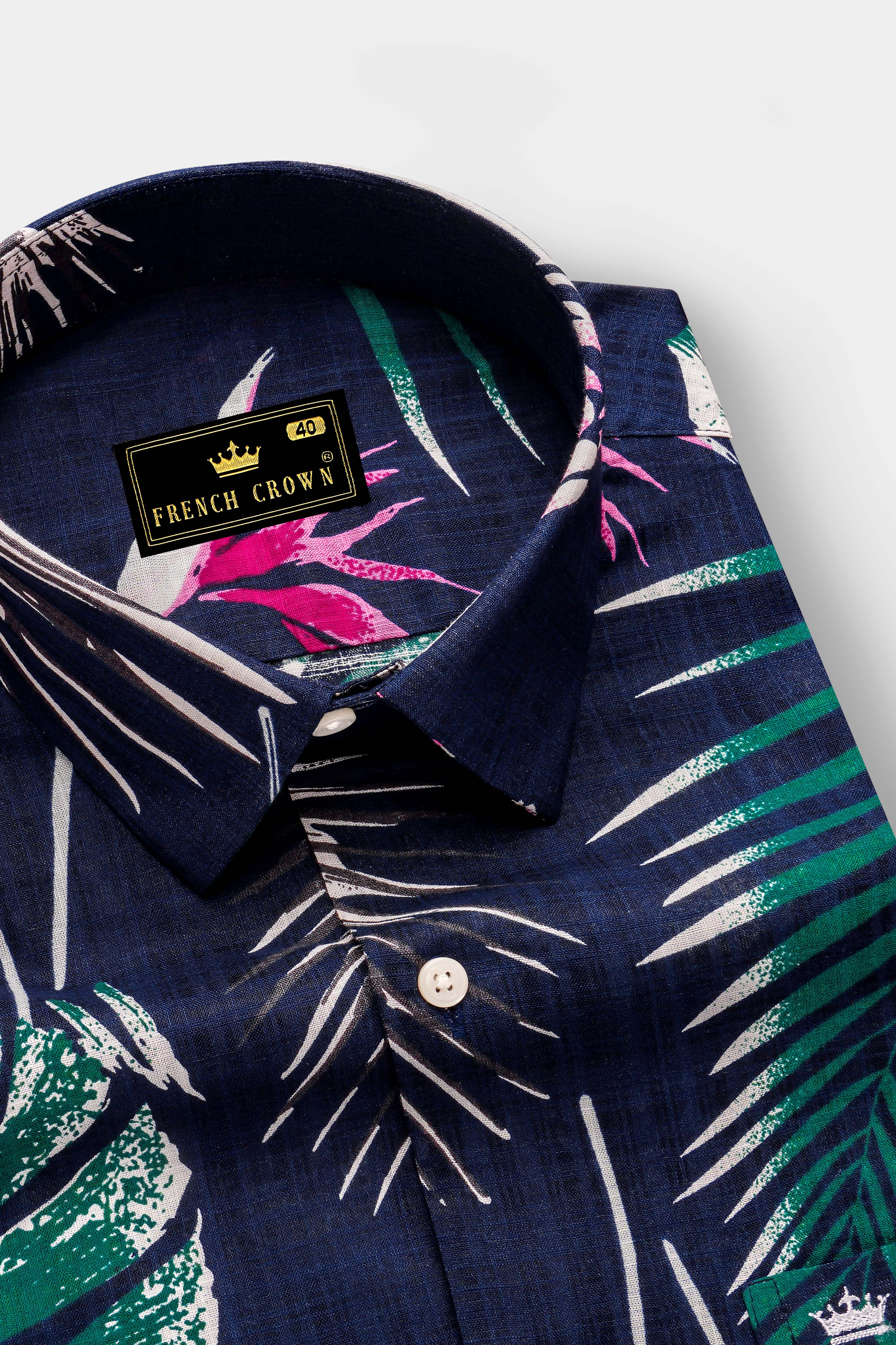 Moonlit Forest-Space Blue with Petrol Green Leaves Printed Lightweight Premium Cotton Casual Shirt