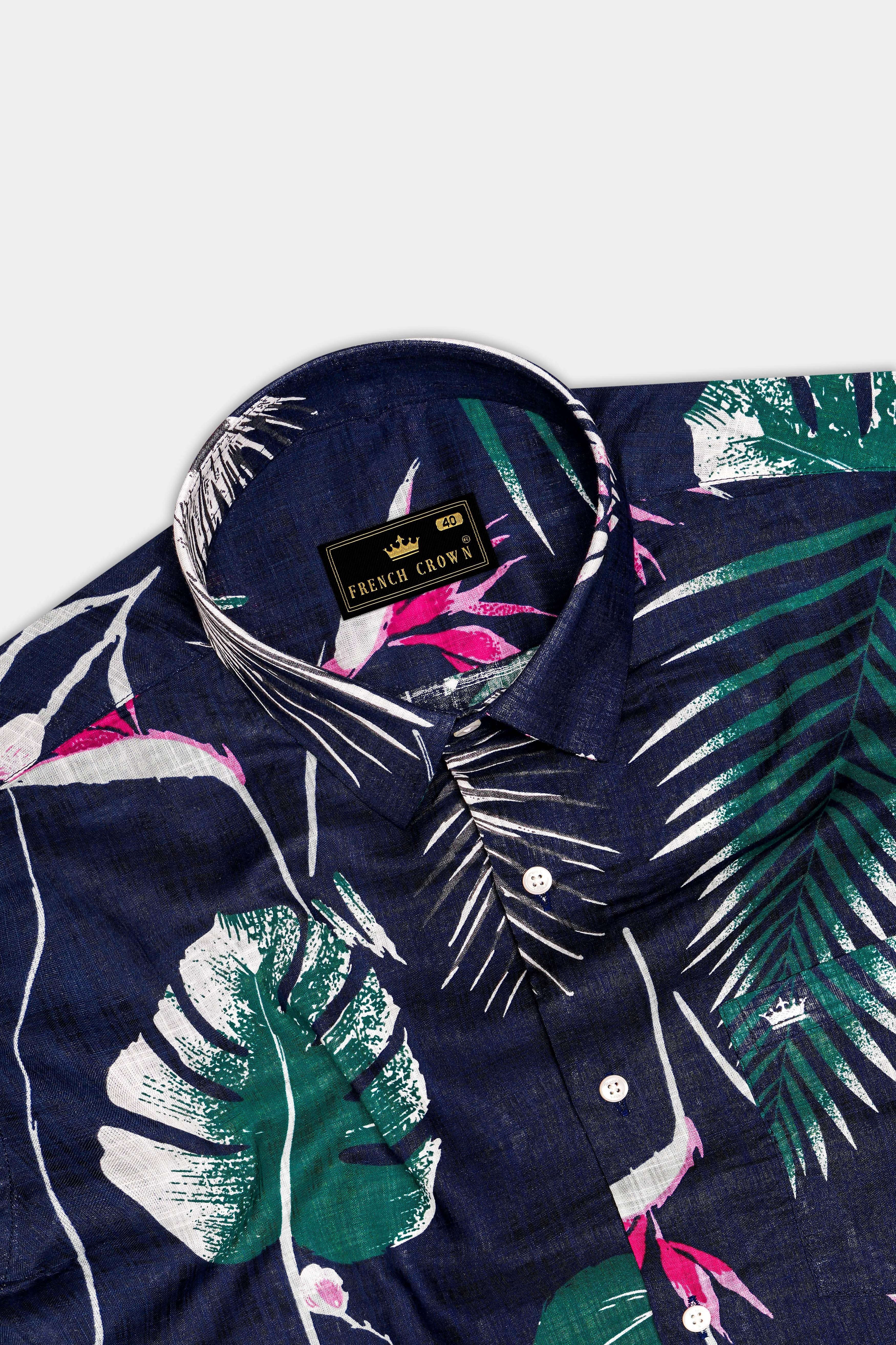 Moonlit Forest-Space Blue with Petrol Green Leaves Printed Lightweight Premium Cotton Casual Shirt