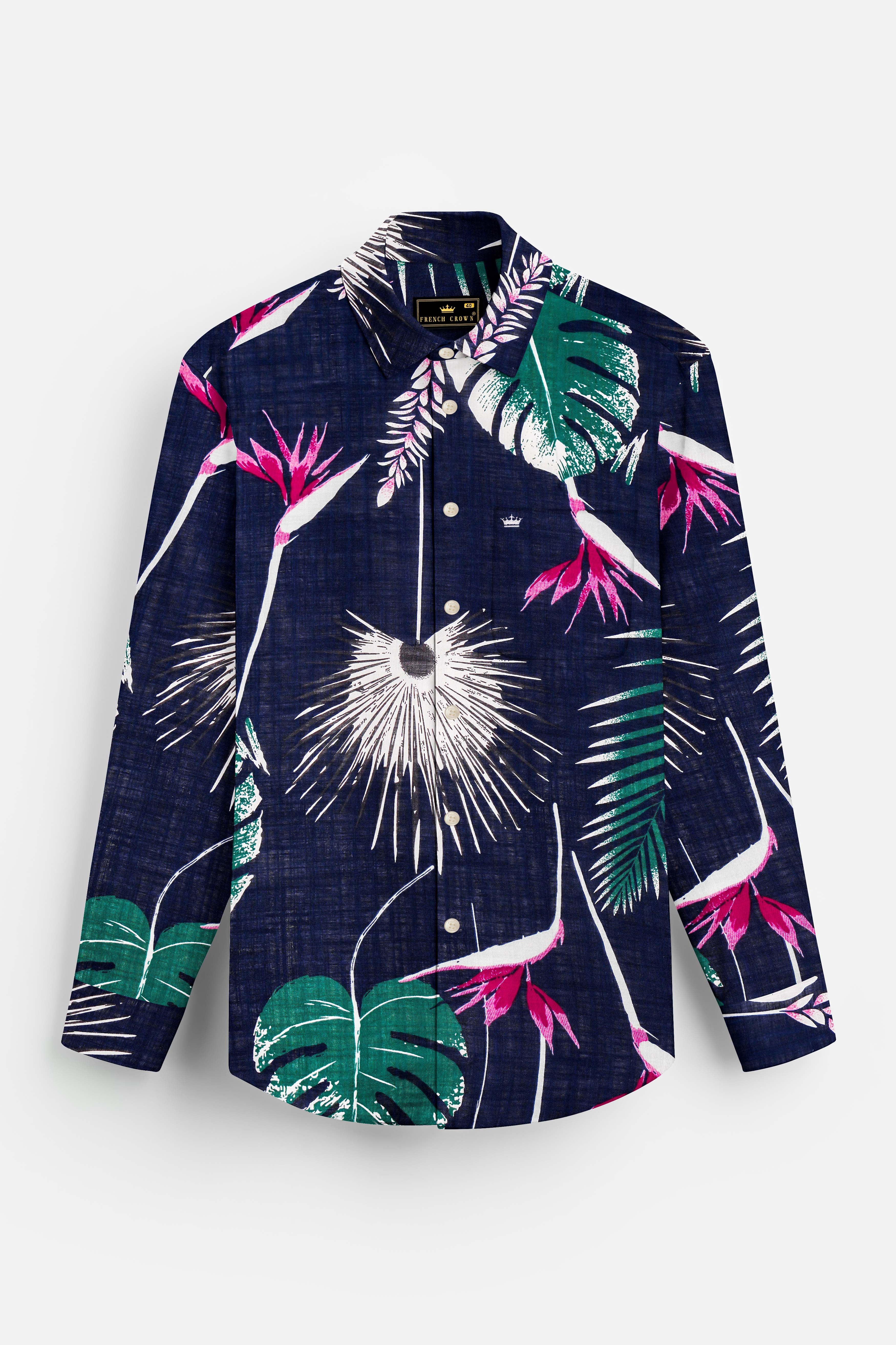 Moonlit Forest-Space Blue with Petrol Green Leaves Printed Lightweight Premium Cotton Casual Shirt