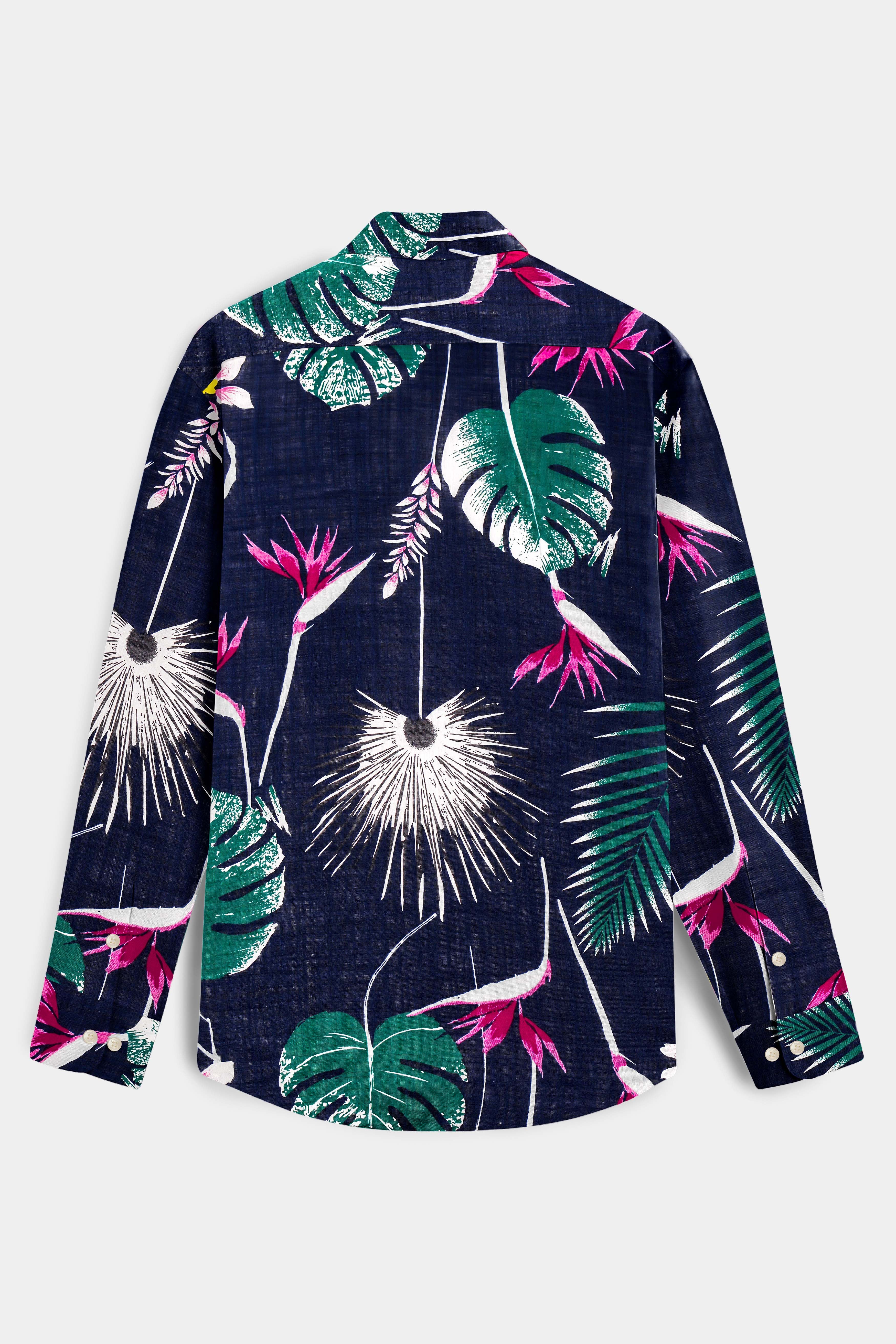 Moonlit Forest-Space Blue with Petrol Green Leaves Printed Lightweight Premium Cotton Casual Shirt