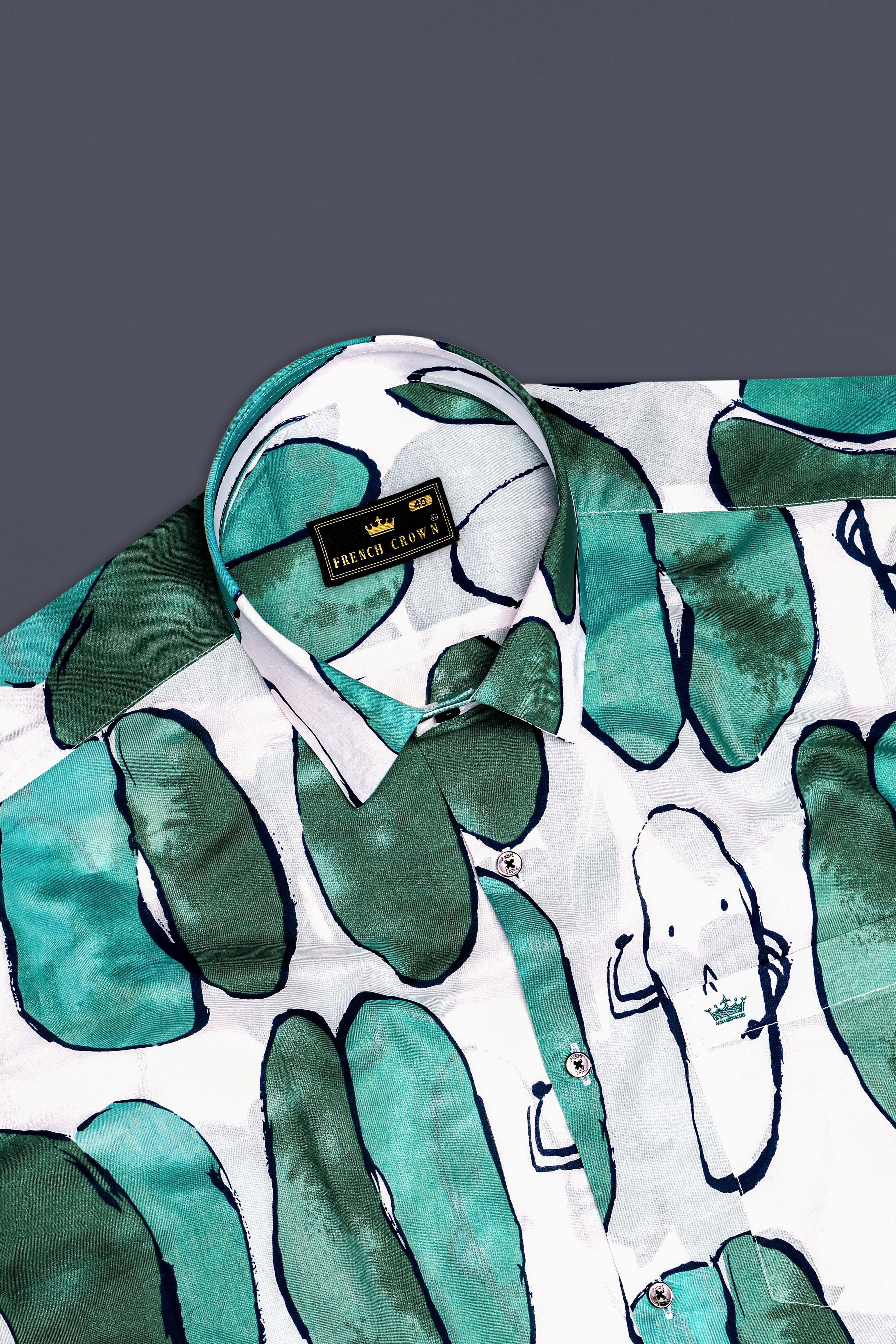 Polar Mist-Glacier Green with Bright White Printed Lightweight Premium Cotton Casual Shirt