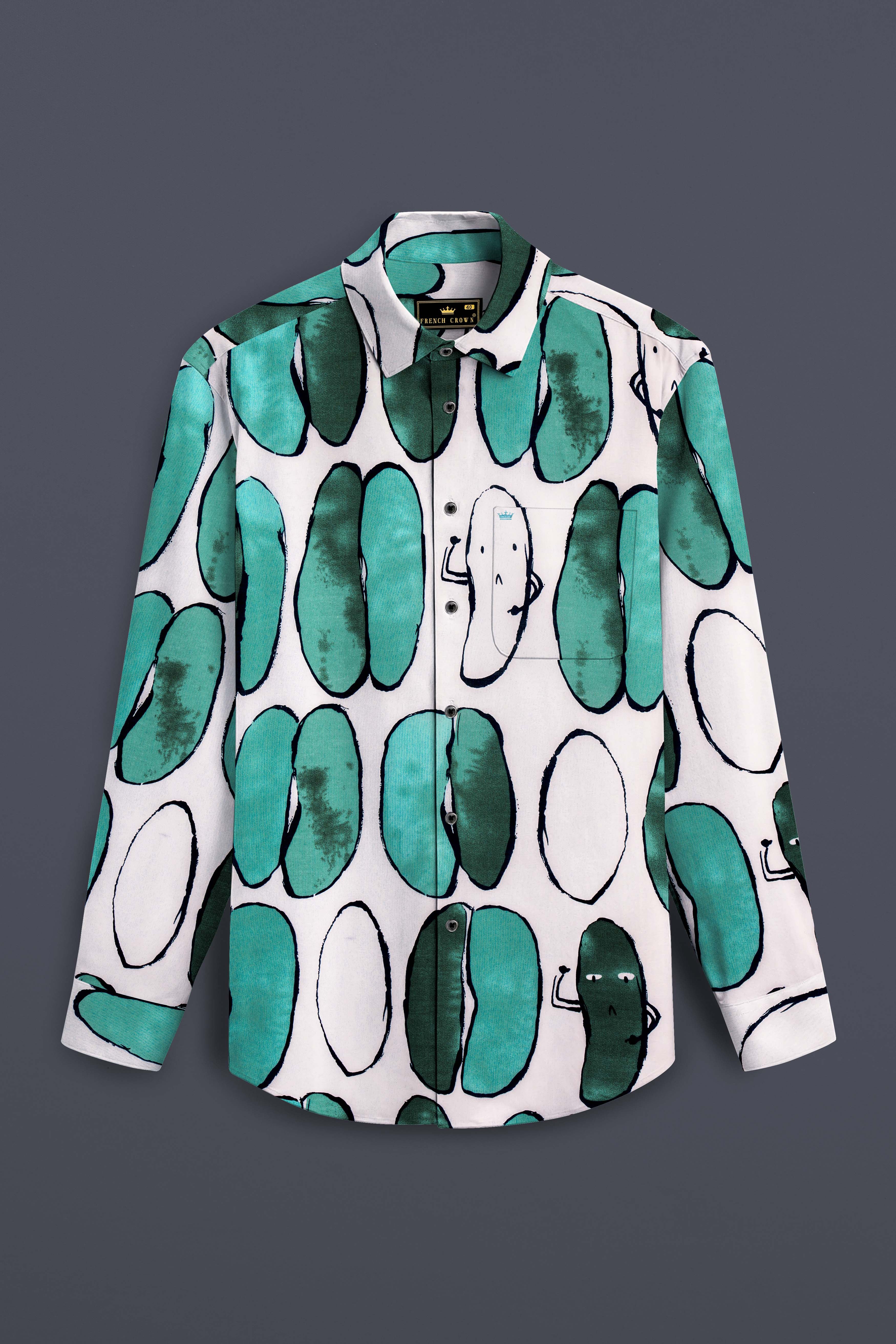 Polar Mist-Glacier Green with Bright White Printed Lightweight Premium Cotton Casual Shirt
