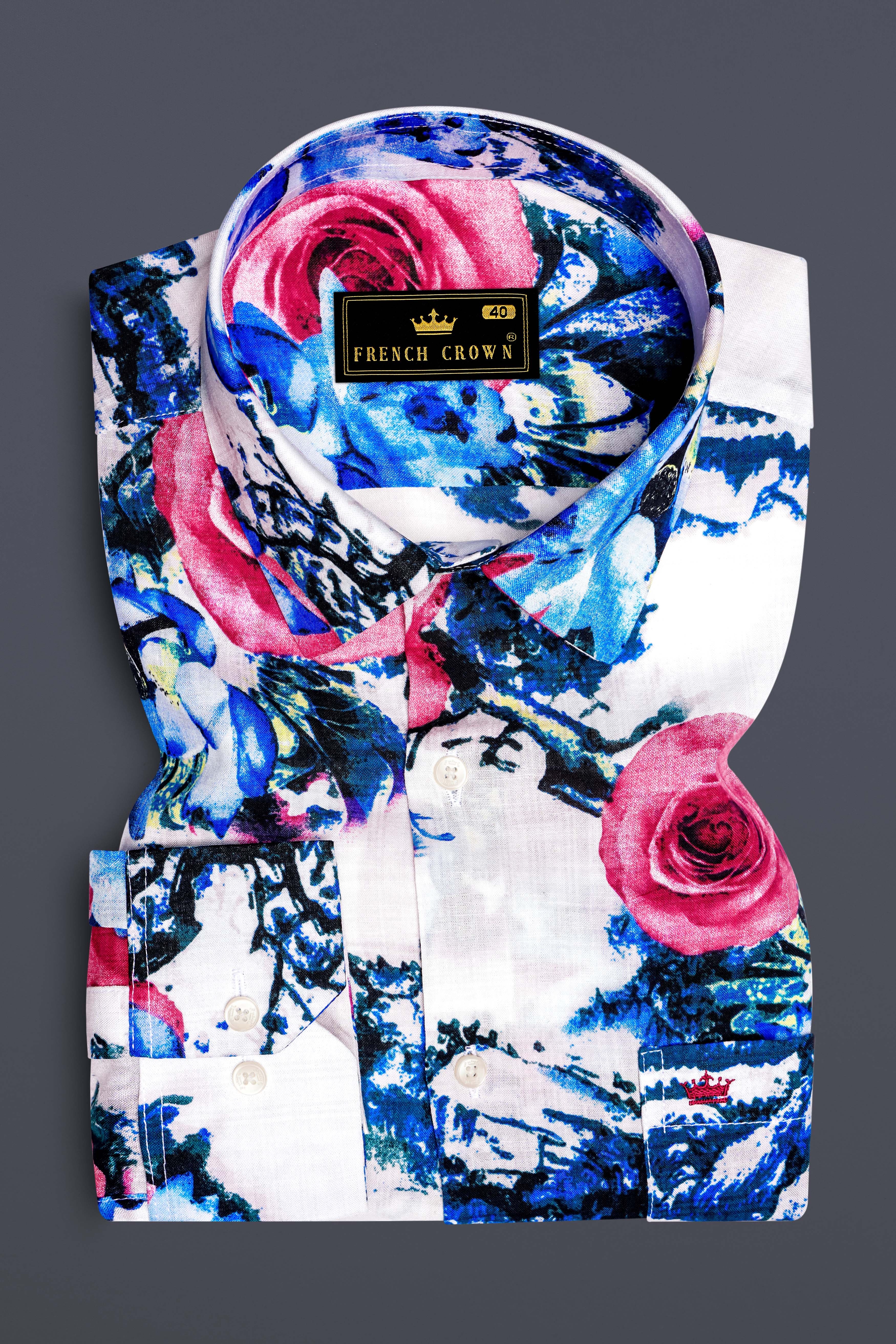 Moonlit Rose-Bright White with Moonstone Blue Rose Printed Lightweight Premium Cotton Multicolor Casual Shirt