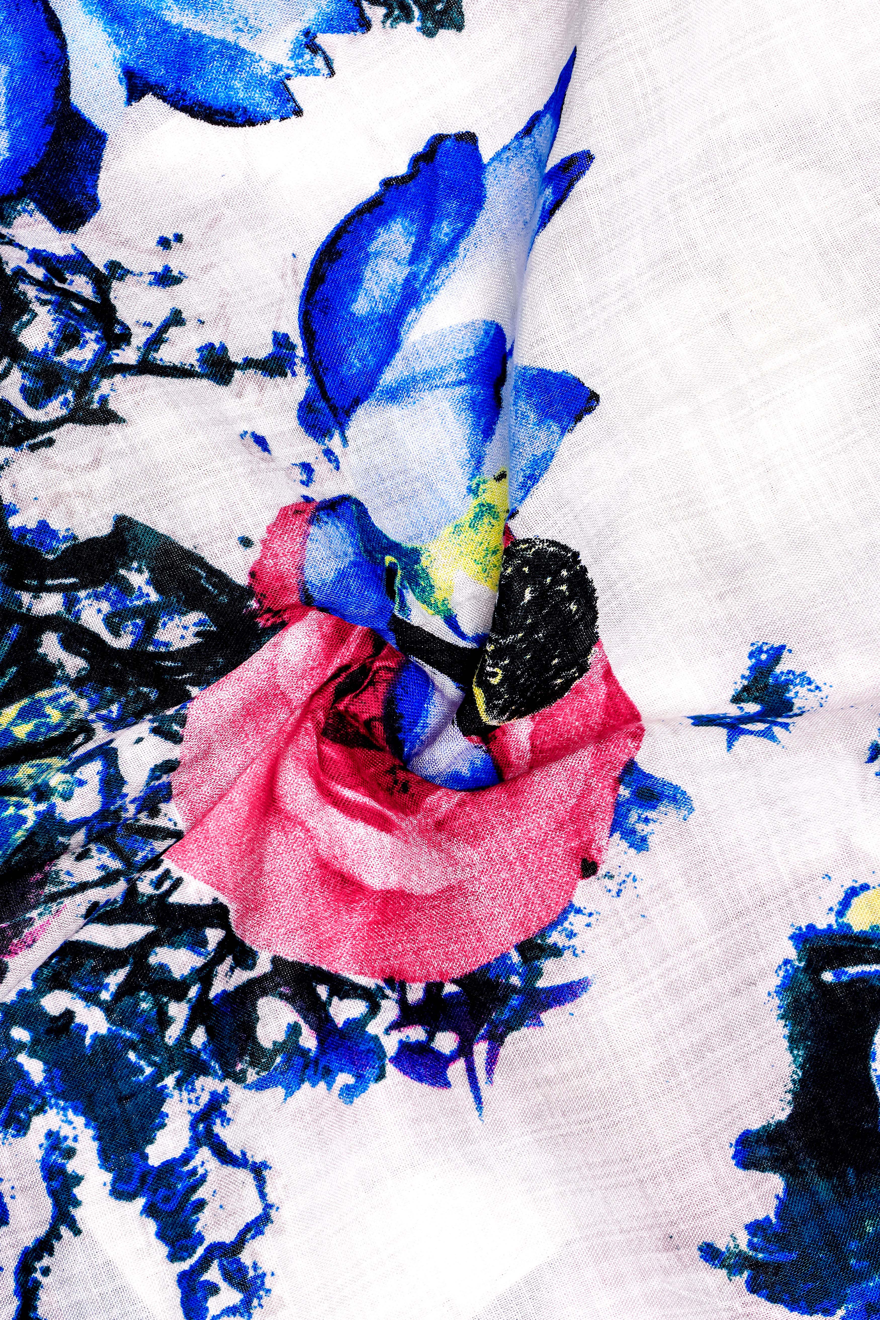 Moonlit Rose-Bright White with Moonstone Blue Rose Printed Lightweight Premium Cotton Multicolor Casual Shirt