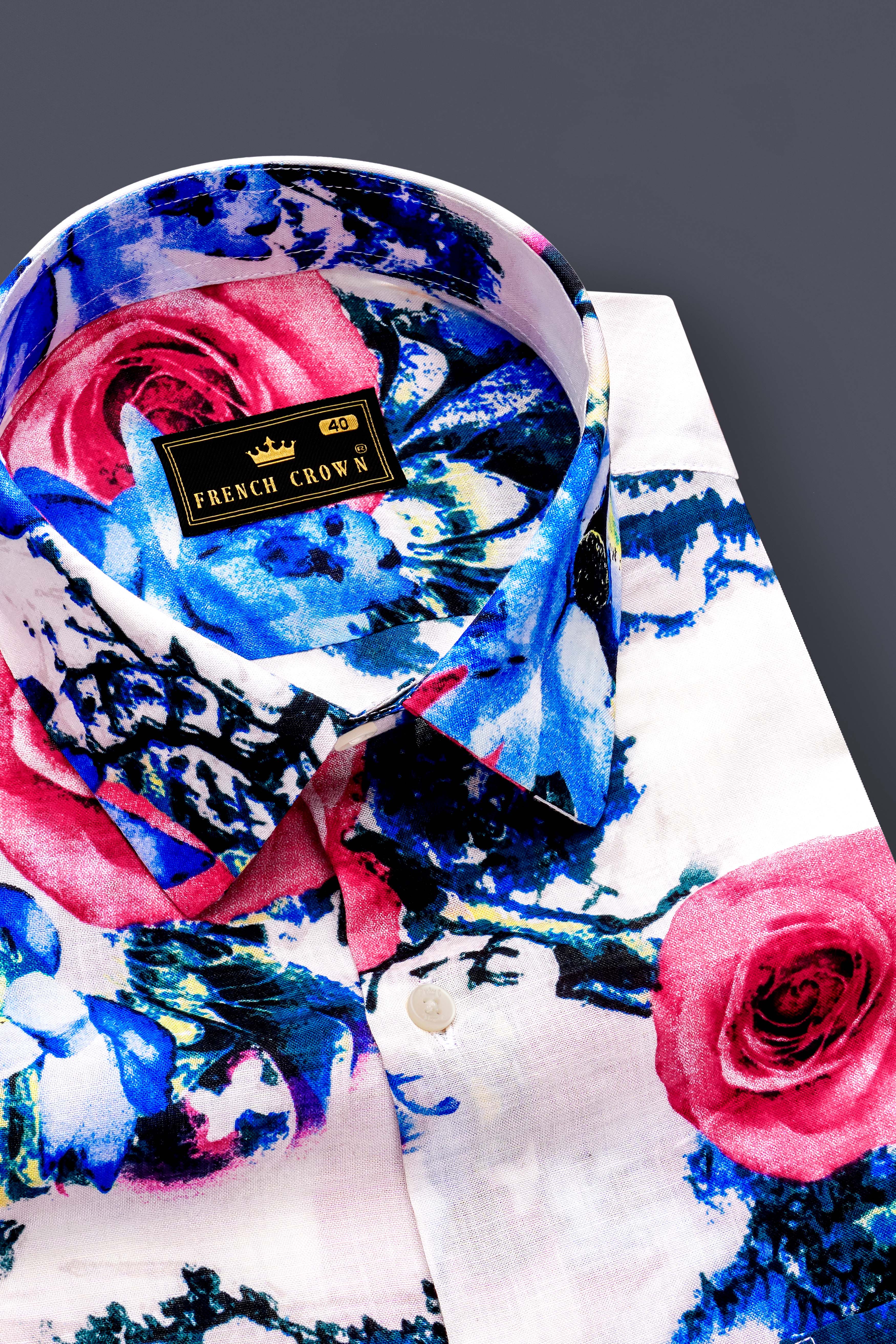 Moonlit Rose-Bright White with Moonstone Blue Rose Printed Lightweight Premium Cotton Multicolor Casual Shirt