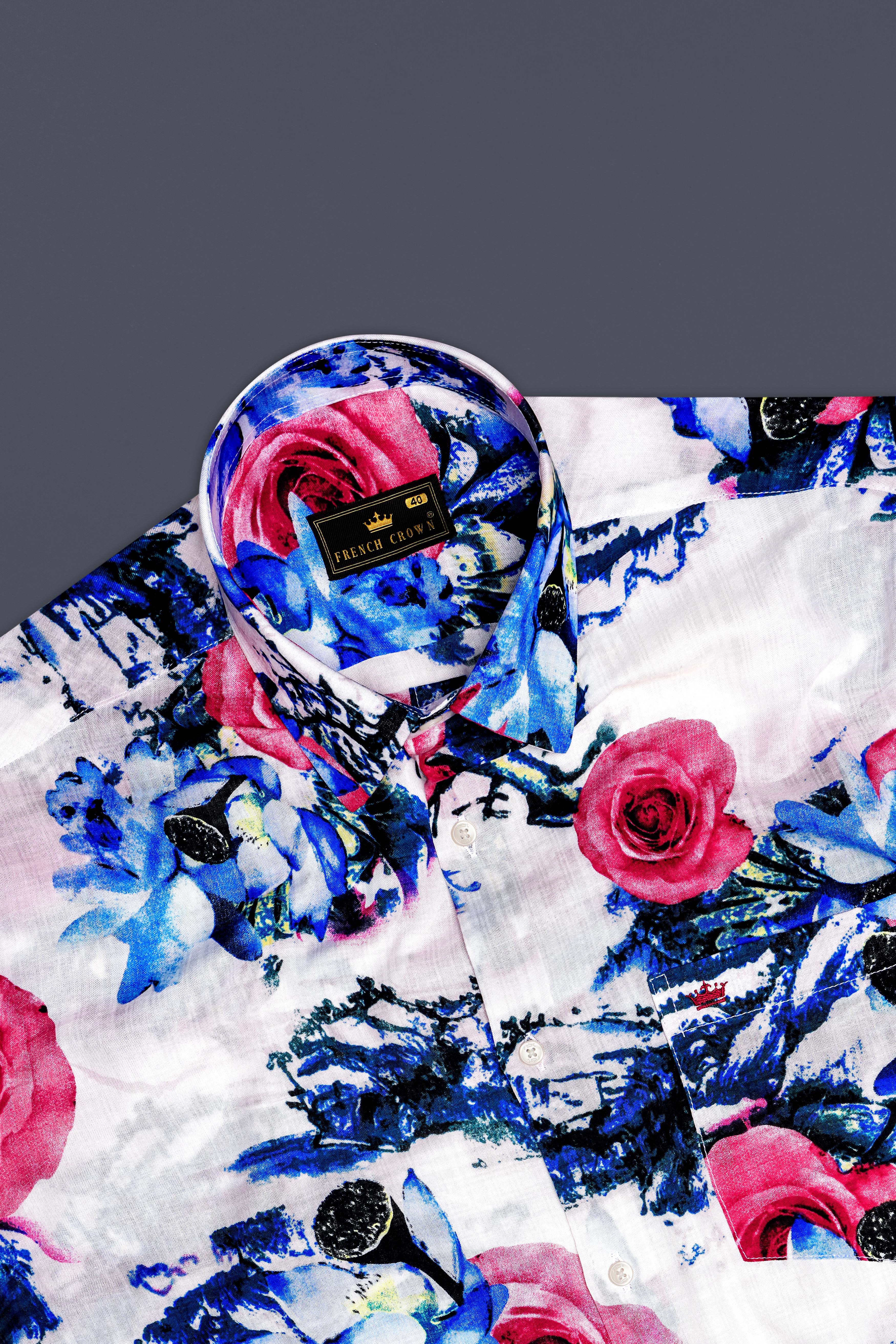 Moonlit Rose-Bright White with Moonstone Blue Rose Printed Lightweight Premium Cotton Multicolor Casual Shirt