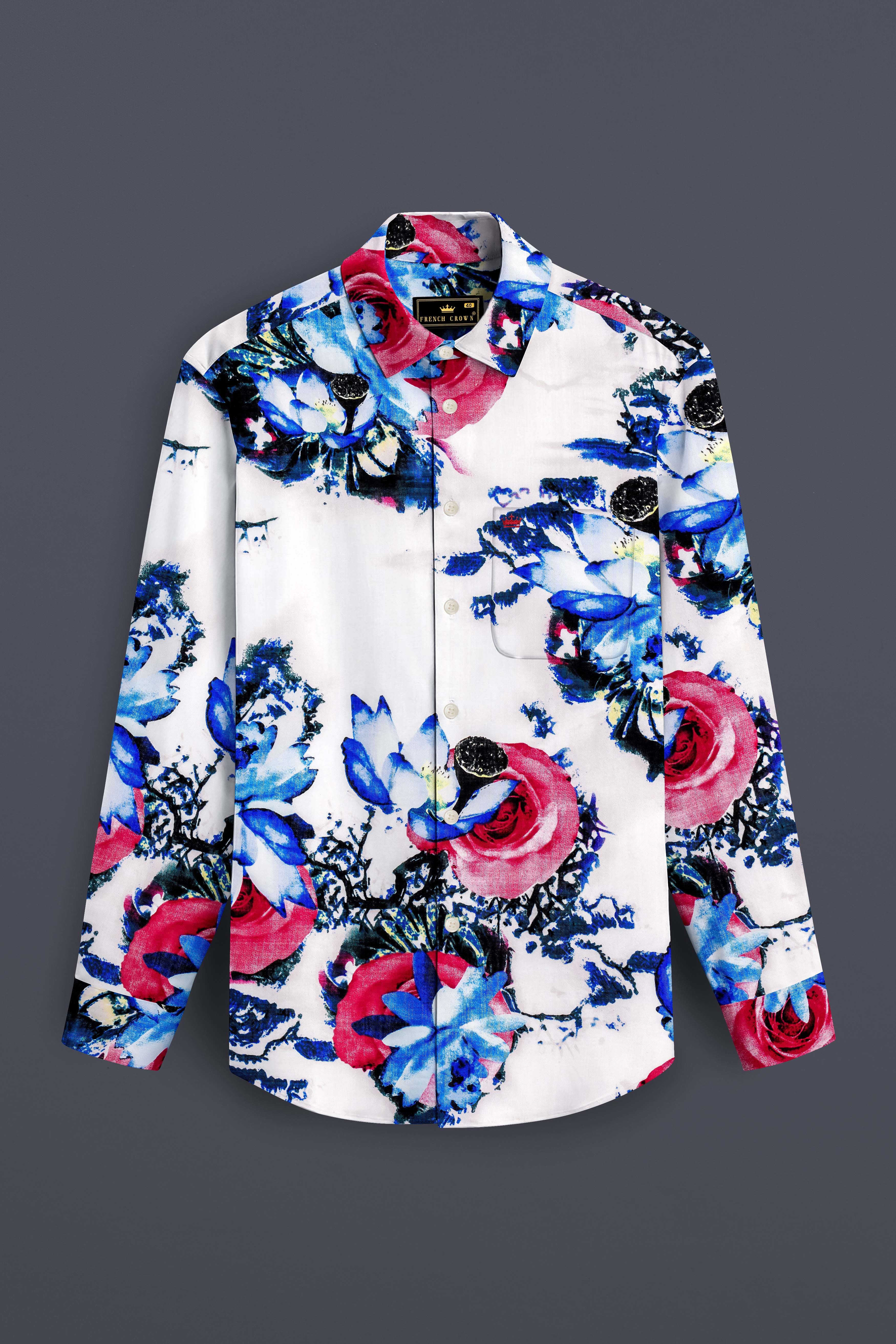 Moonlit Rose-Bright White with Moonstone Blue Rose Printed Lightweight Premium Cotton Multicolor Casual Shirt