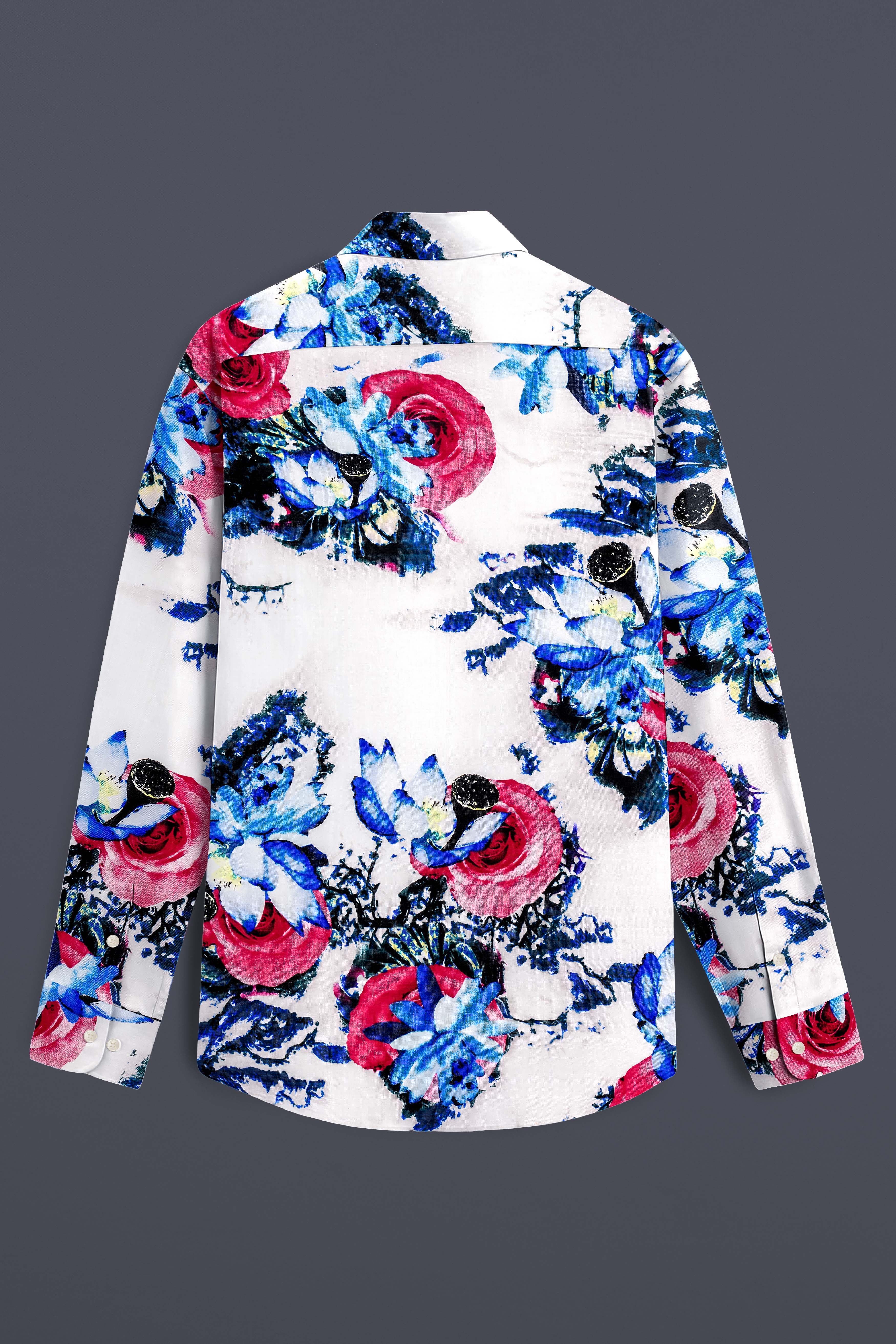 Moonlit Rose-Bright White with Moonstone Blue Rose Printed Lightweight Premium Cotton Multicolor Casual Shirt