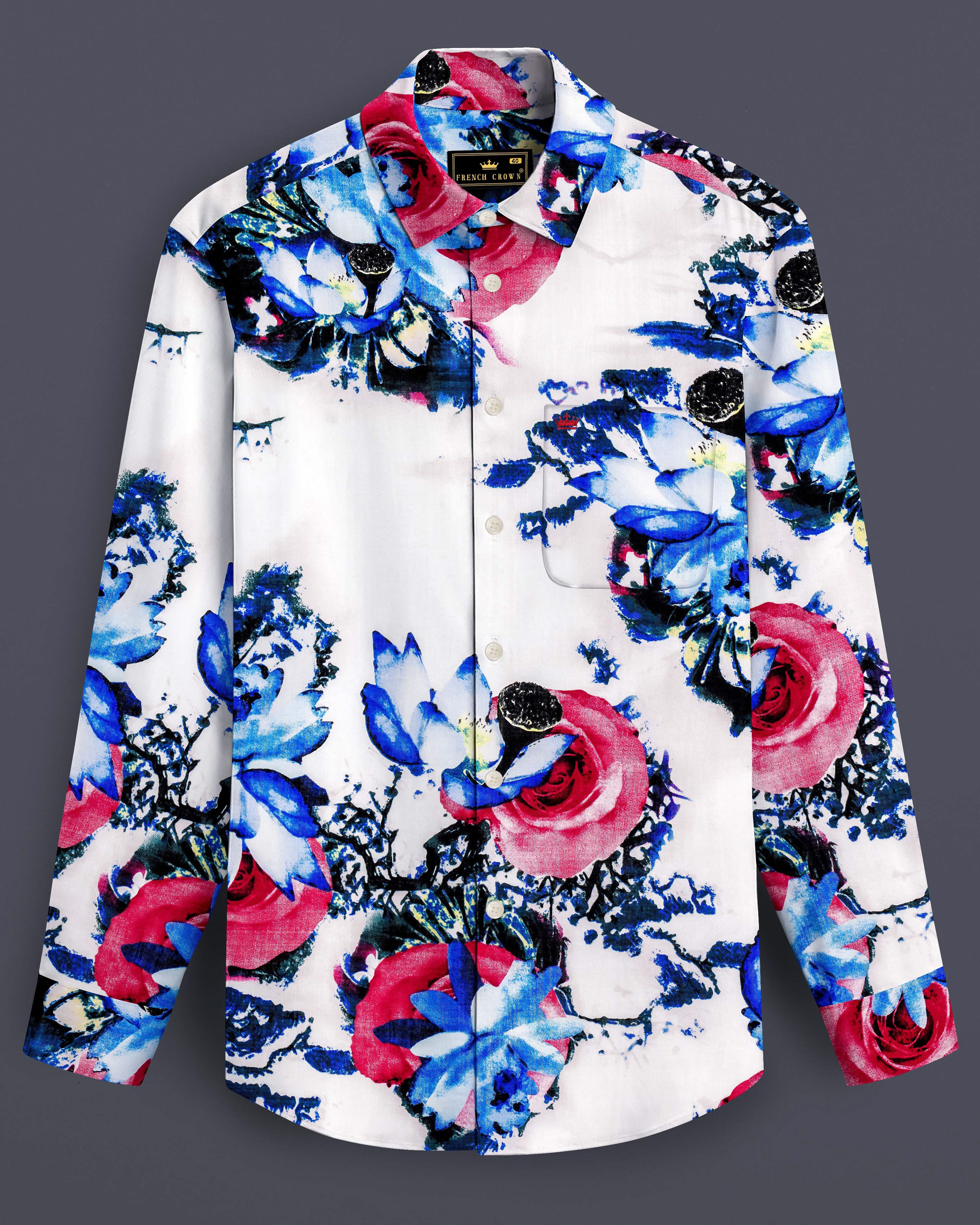 Moonlit Rose-Bright White with Moonstone Blue Rose Printed Lightweight Premium Cotton Multicolor Casual Shirt