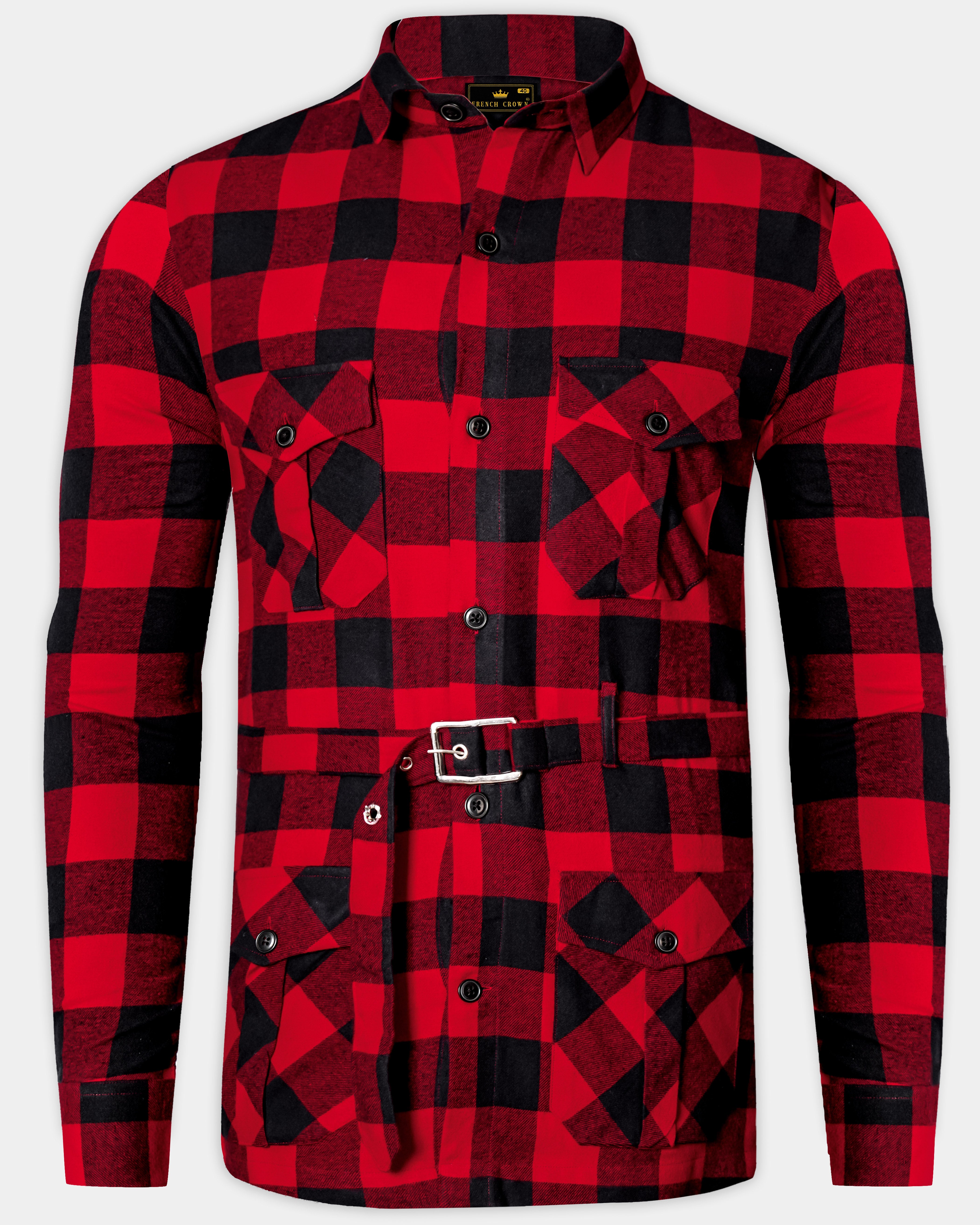 Inferno-Mexican Red And Abbey Black Plaid Flannel Premium Cotton Designer Overshirt/shacket