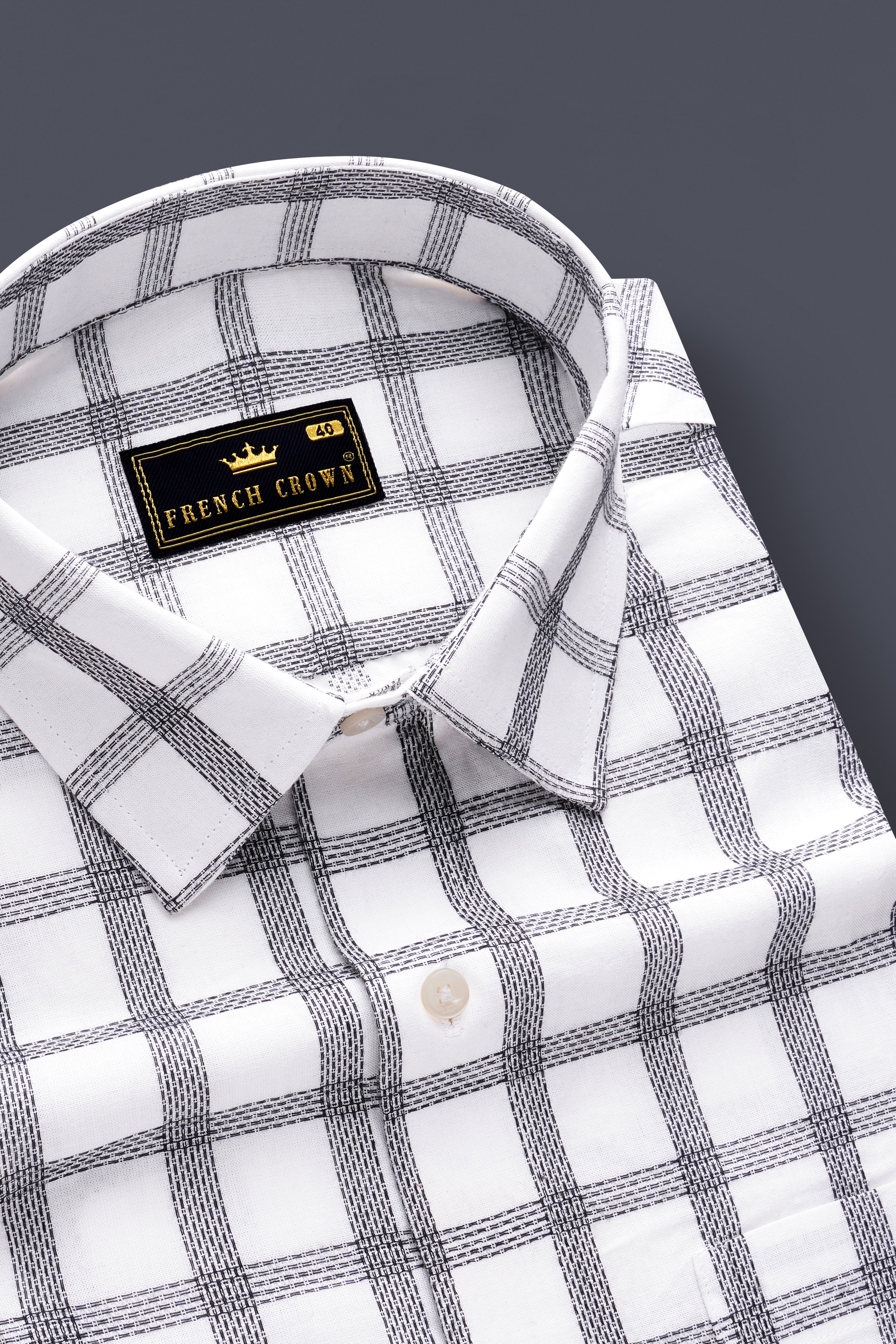 Ivory Noir-Bright White And Jade Black Plaid Jacquard Textured Premium Cotton Dress Shirt