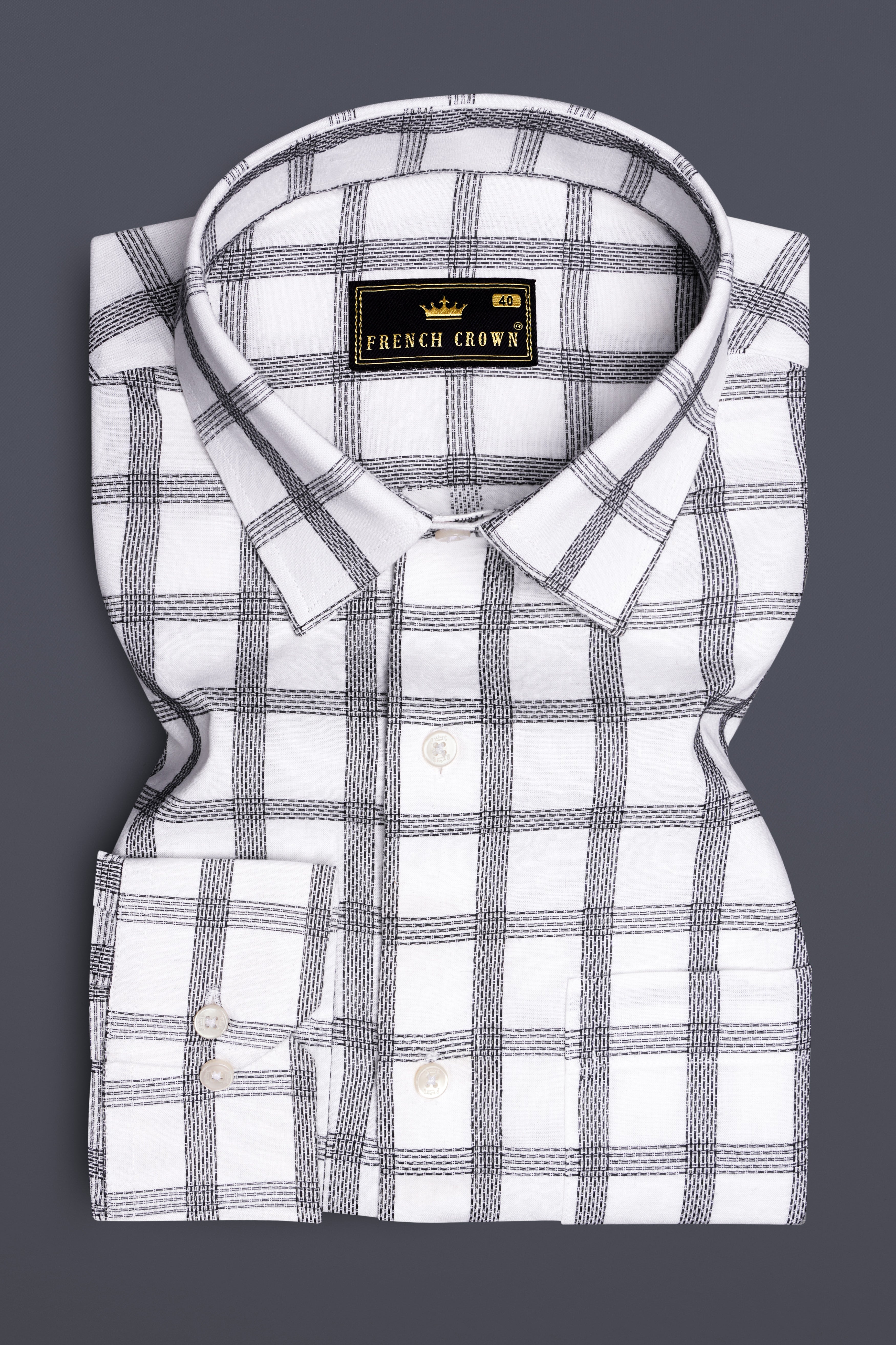 Ivory Noir-Bright White And Jade Black Plaid Jacquard Textured Premium Cotton Dress Shirt