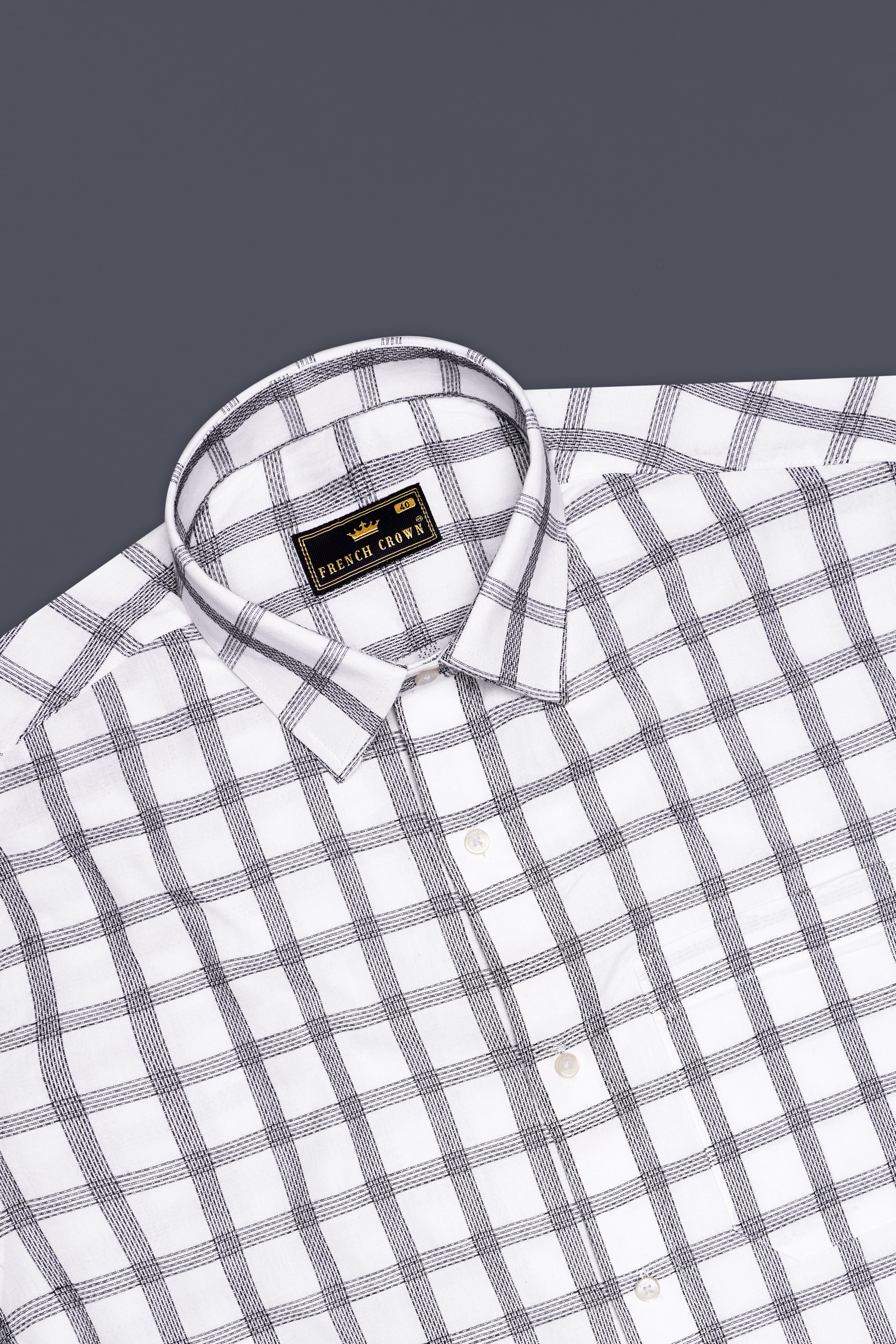 Ivory Noir-Bright White And Jade Black Plaid Jacquard Textured Premium Cotton Dress Shirt