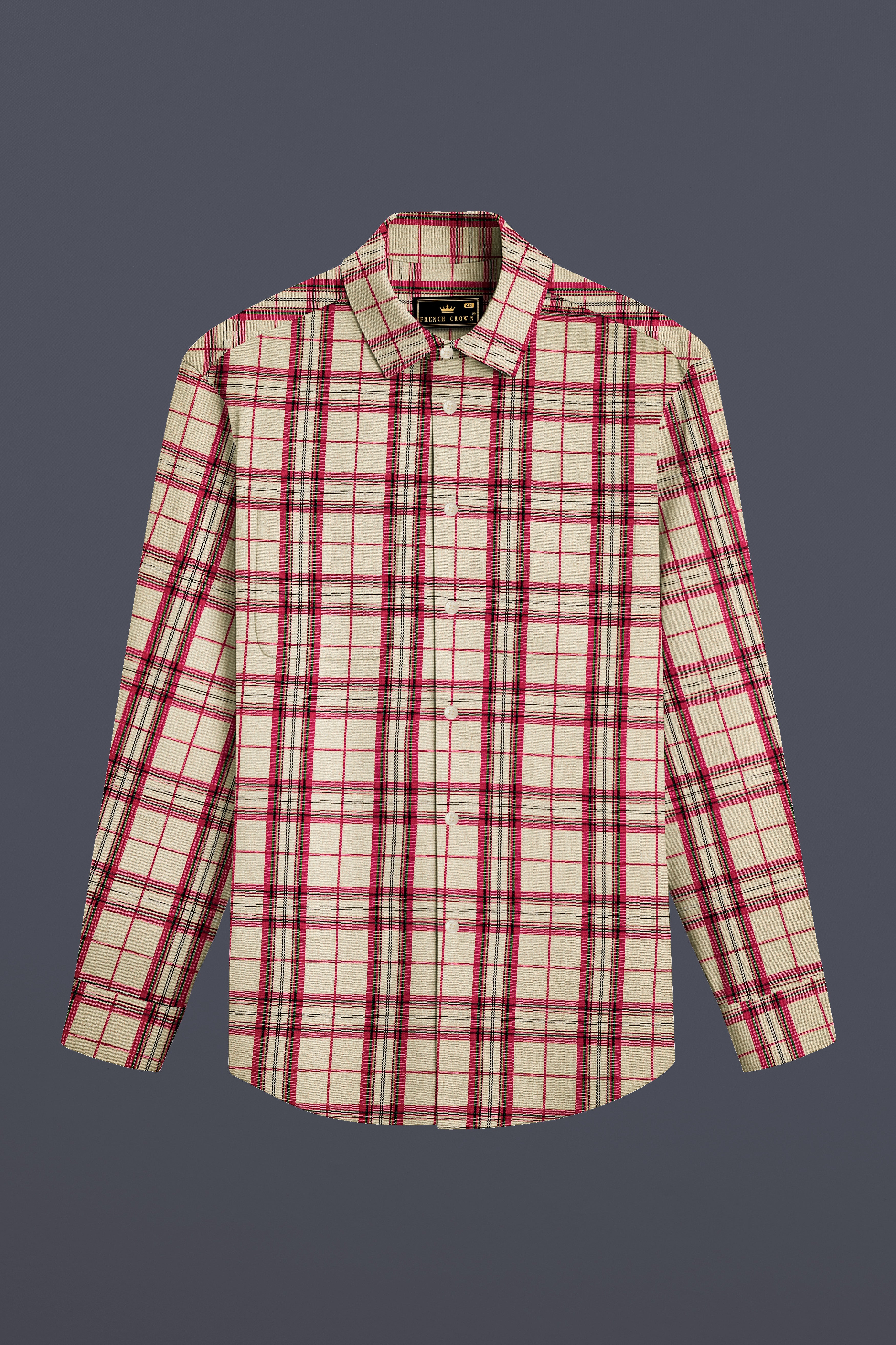 Spring Cream And Brick Pink Plaid Oxford Premium Cotton Semi Formal Designer Shirt