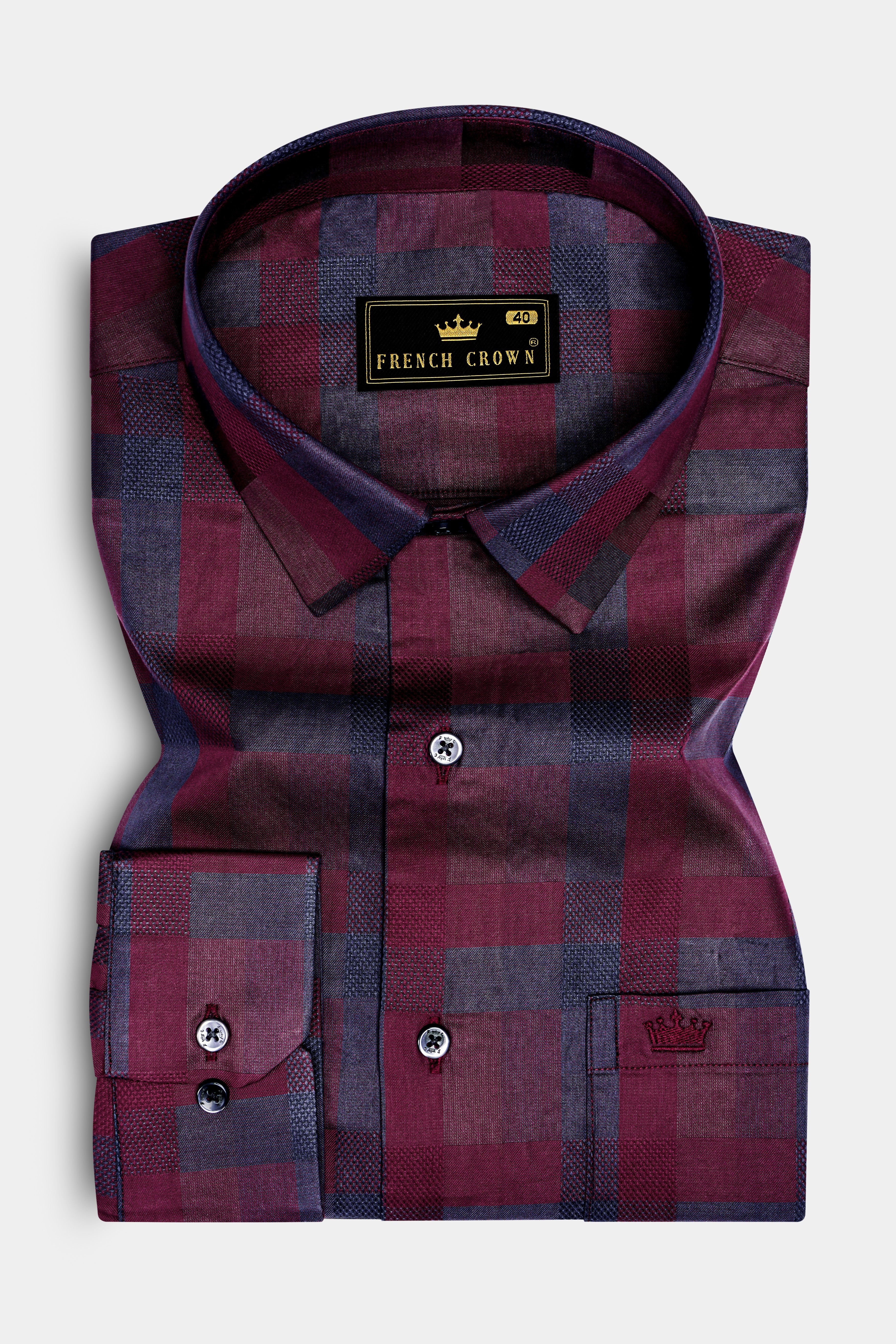 Purply Blue with Magenta Red Plaid Jacquard Premium Cotton Shirt