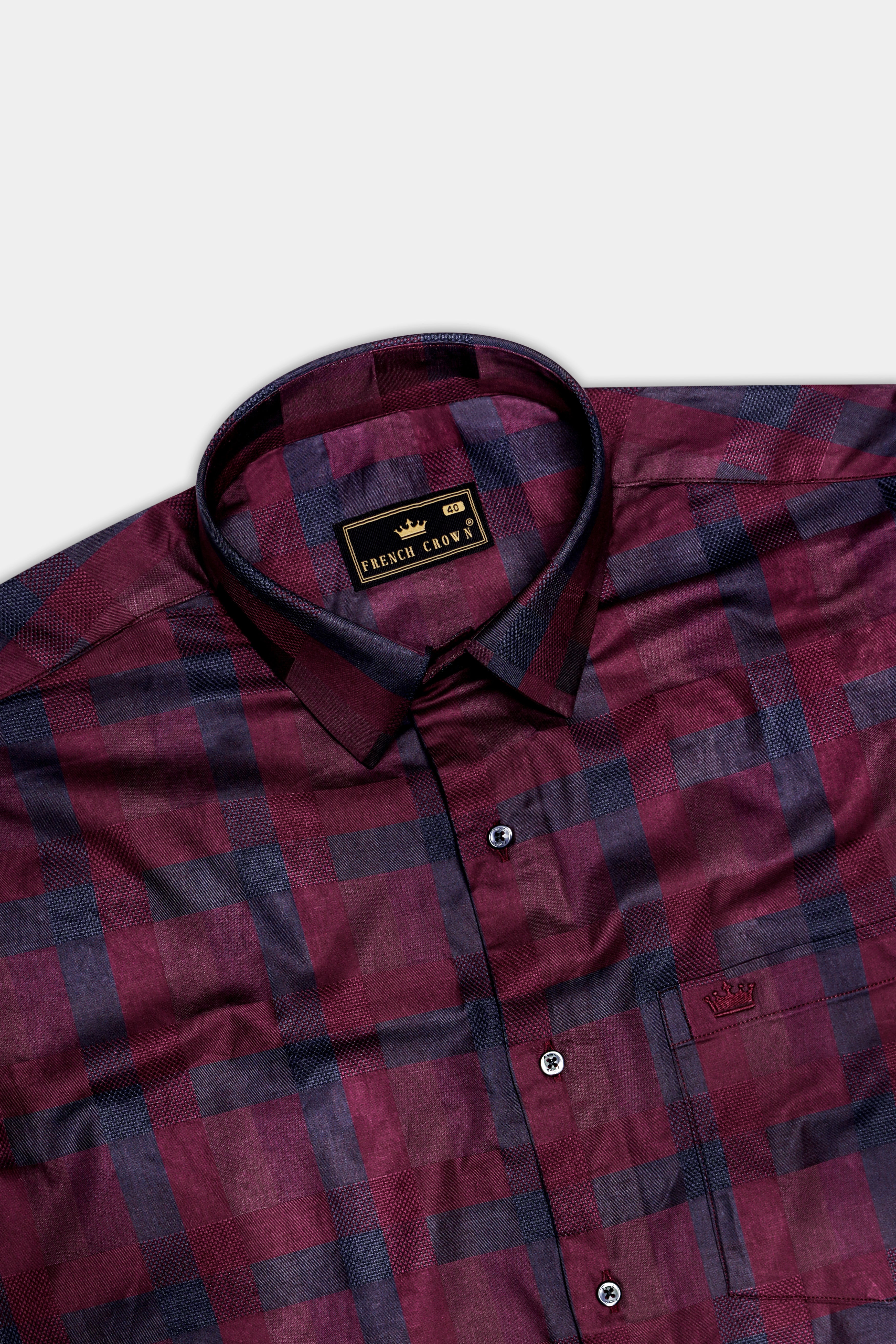 Purply Blue with Magenta Red Plaid Jacquard Premium Cotton Shirt