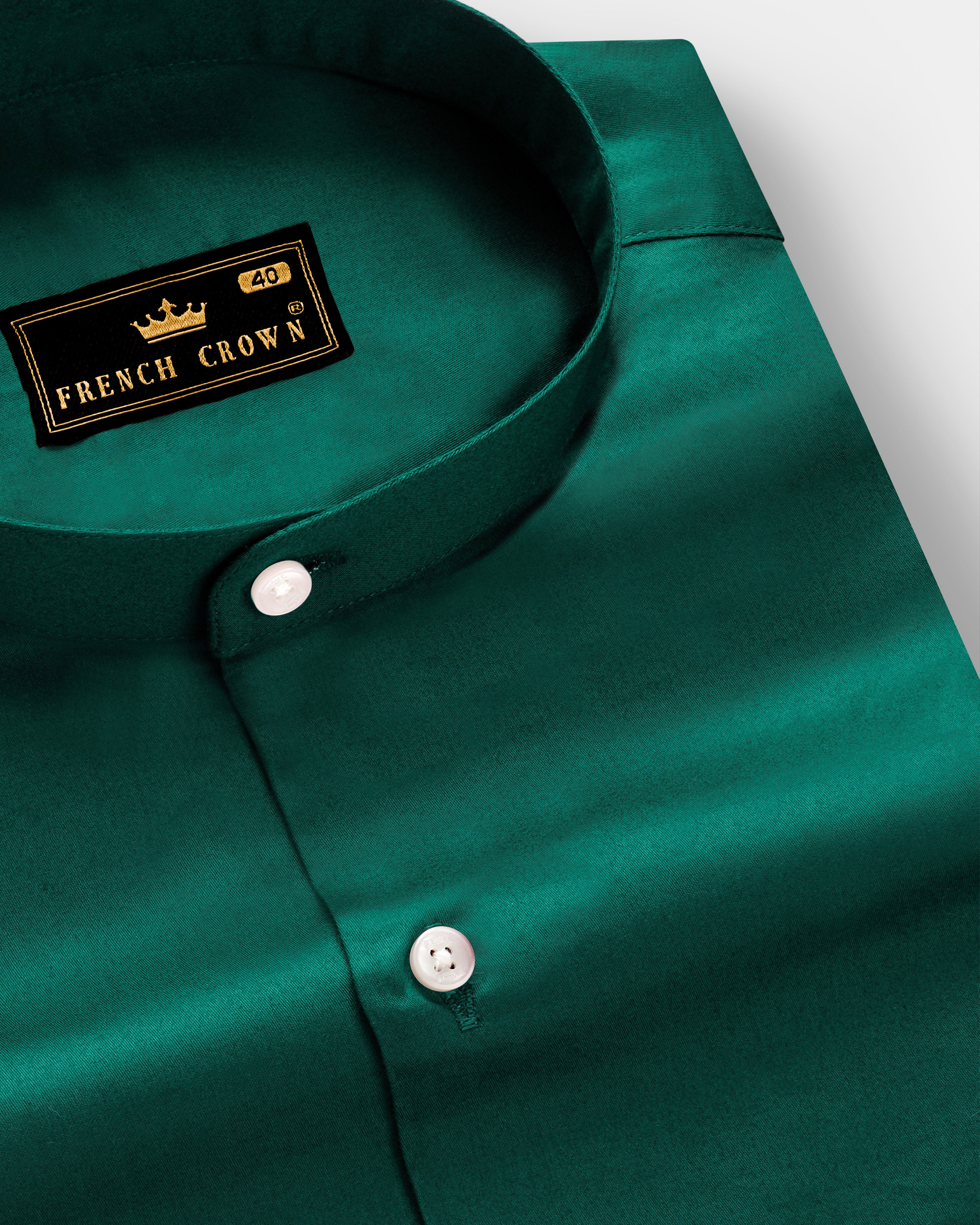 Mystic Grove-Everglade Green Solid Subtle Sheen Super Soft Premium Cotton Semi Formal Mandarin Collar Shirt