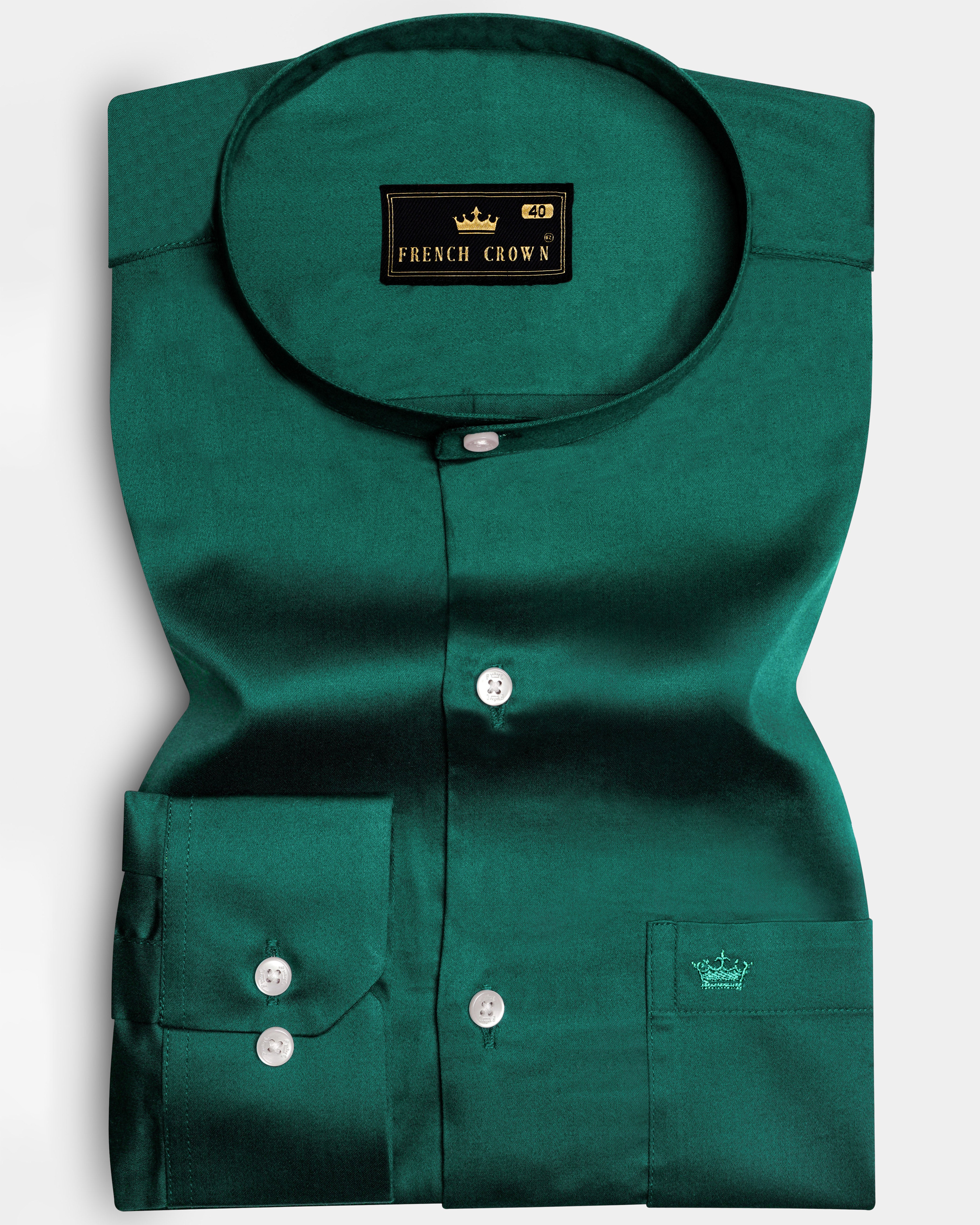 Mystic Grove-Everglade Green Solid Subtle Sheen Super Soft Premium Cotton Semi Formal Mandarin Collar Shirt